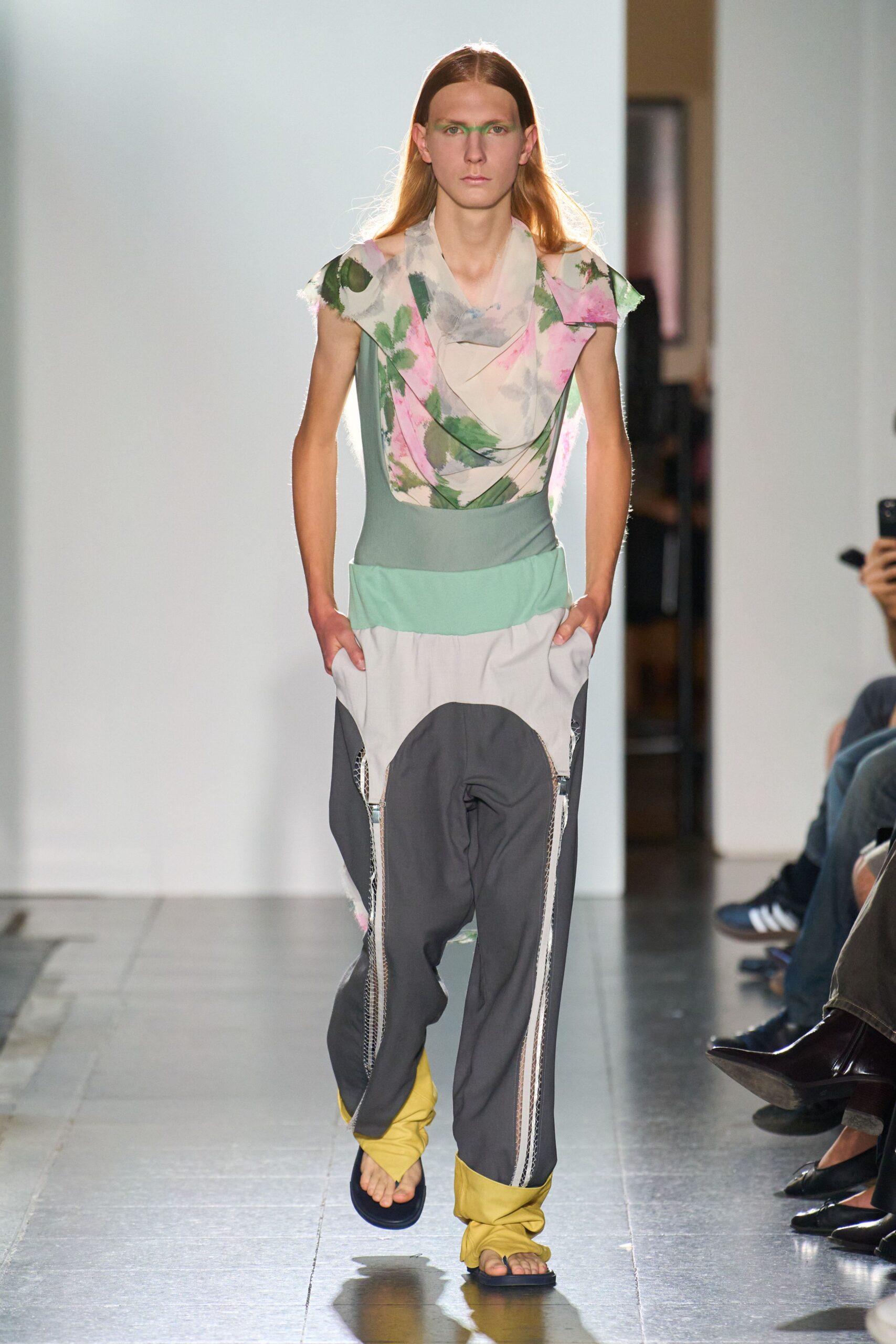 multi-colored fitted top with relaxed pants