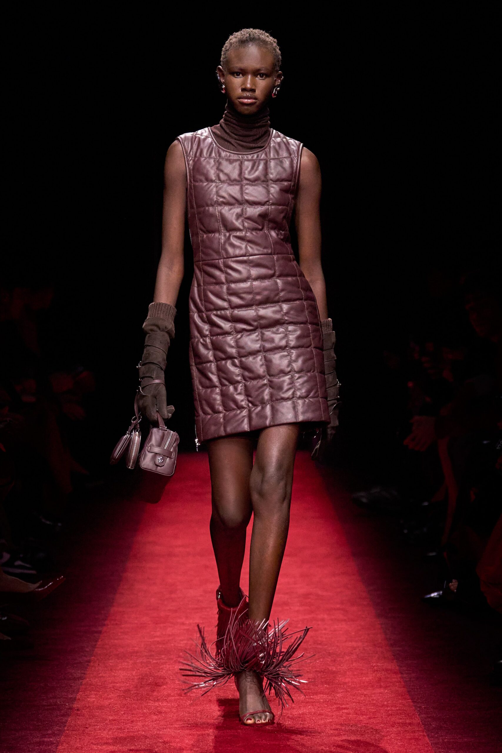maroon leather sleeveless high-neck fitted quilted mini dress