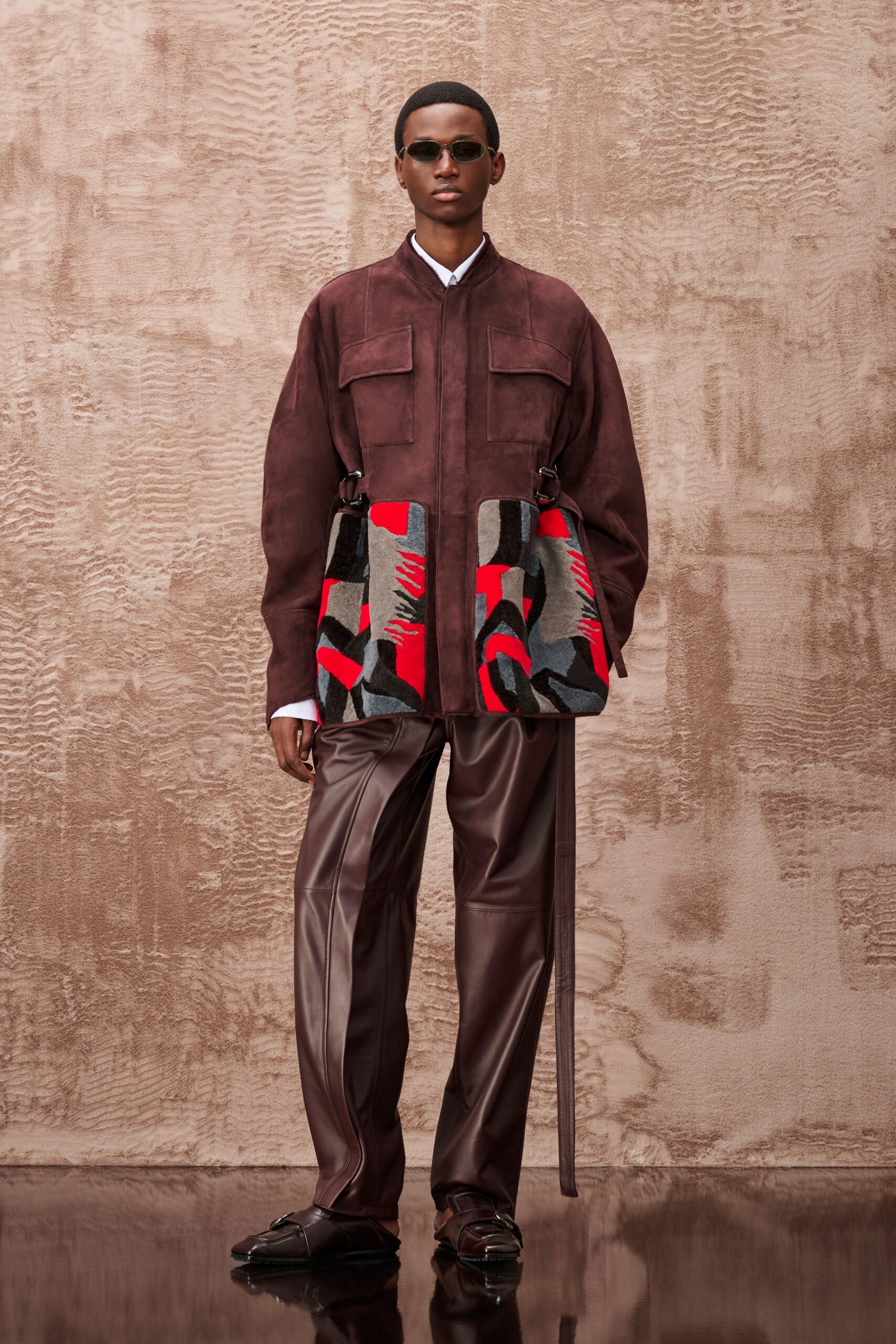 brown suede long-sleeve collared relaxed zippered pockets jacket