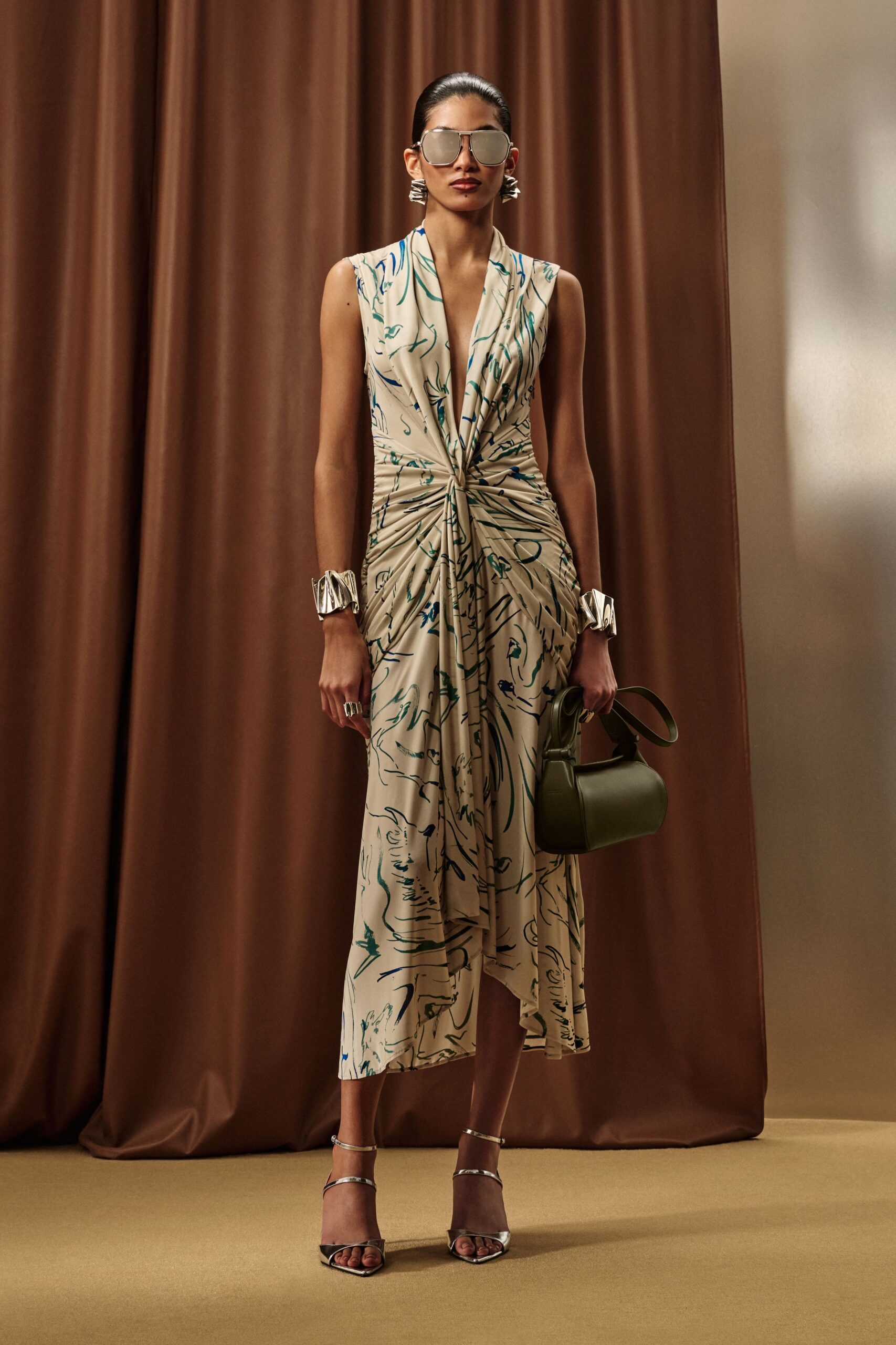 beige silk sleeveless v-neck fitted draped printed dress
