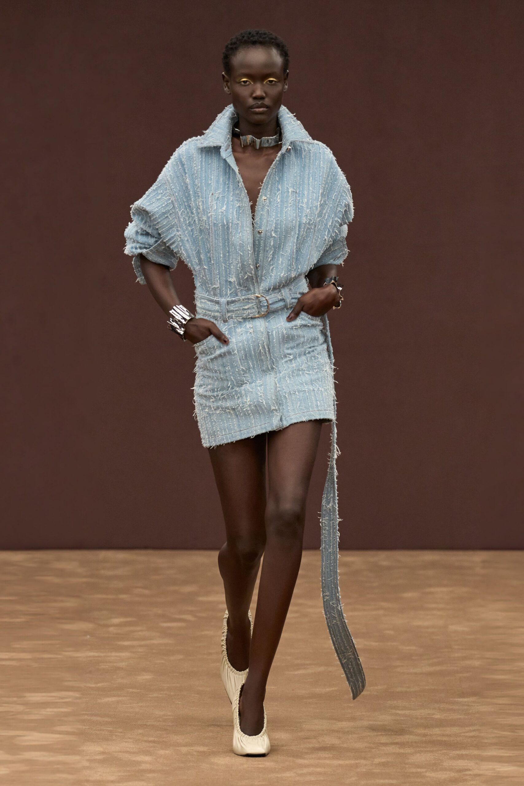 blue cotton long-sleeve collared fitted fringed zippered shirt-dress