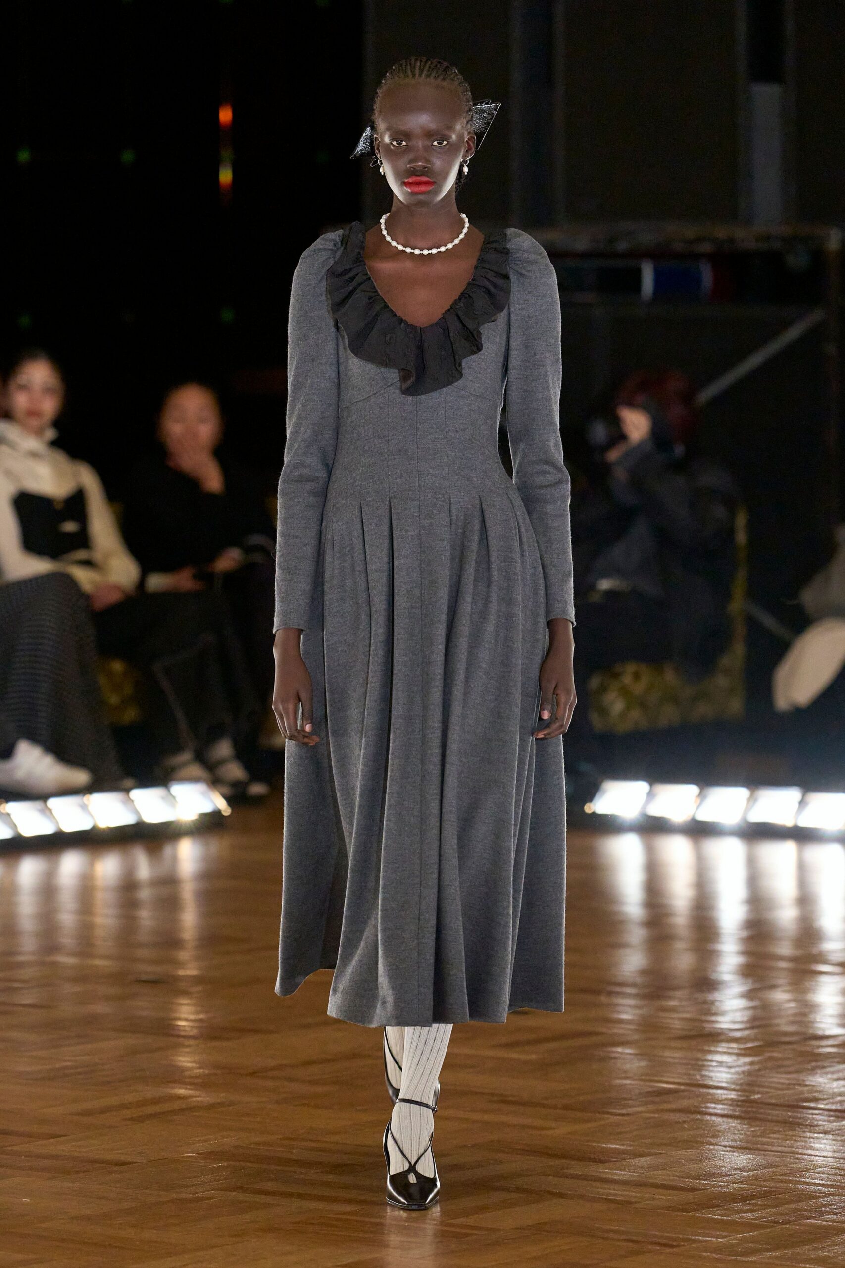 gray wool midi dress with ruffles