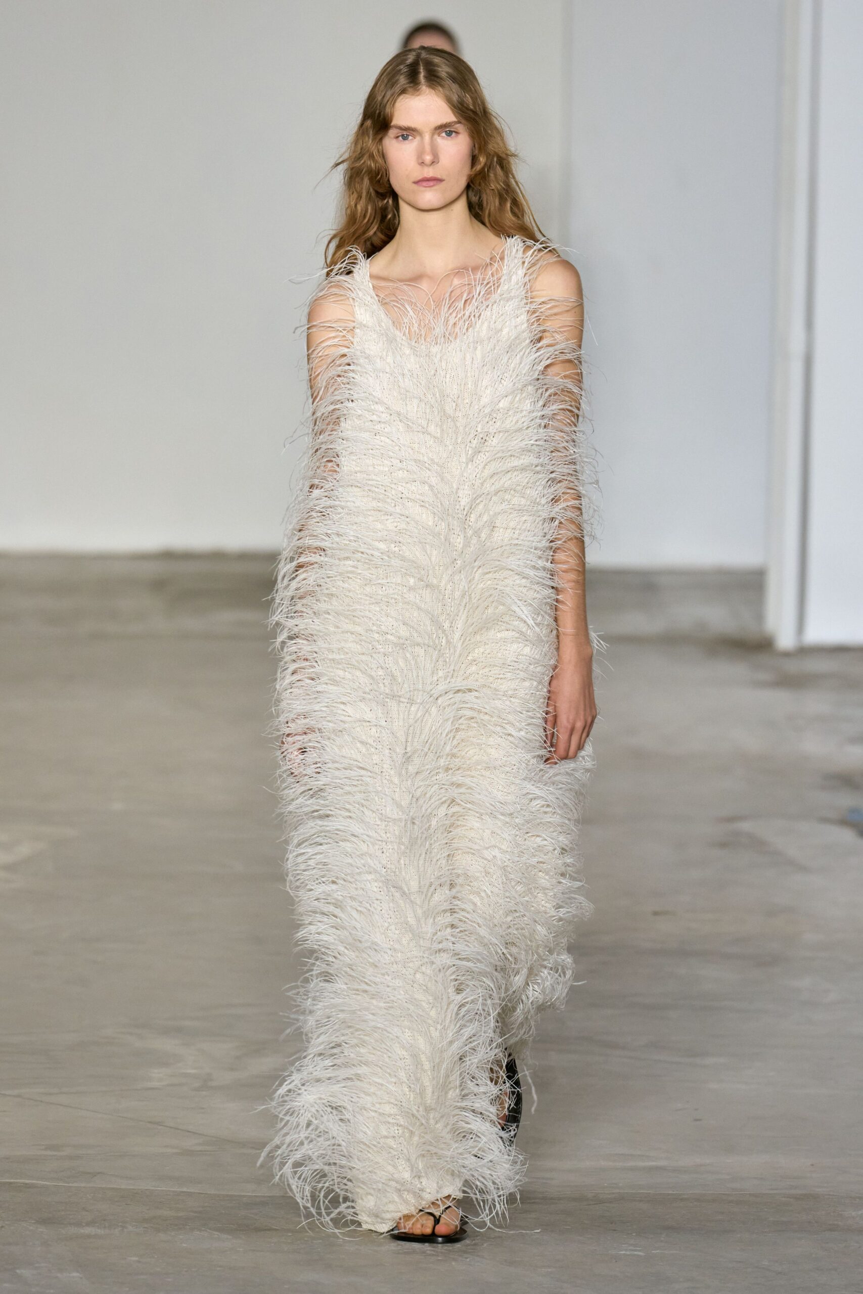white fringed maxi dress with black shoes