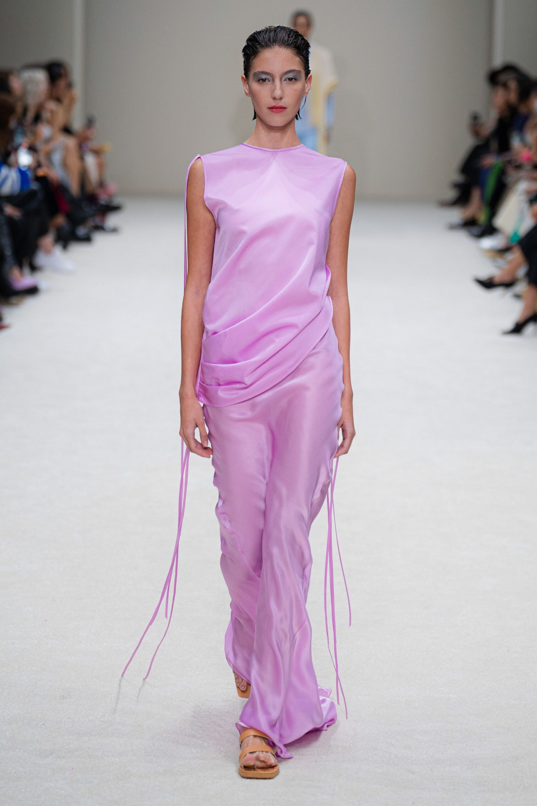 pink silk sleeveless high-neck fitted draped flowing dress