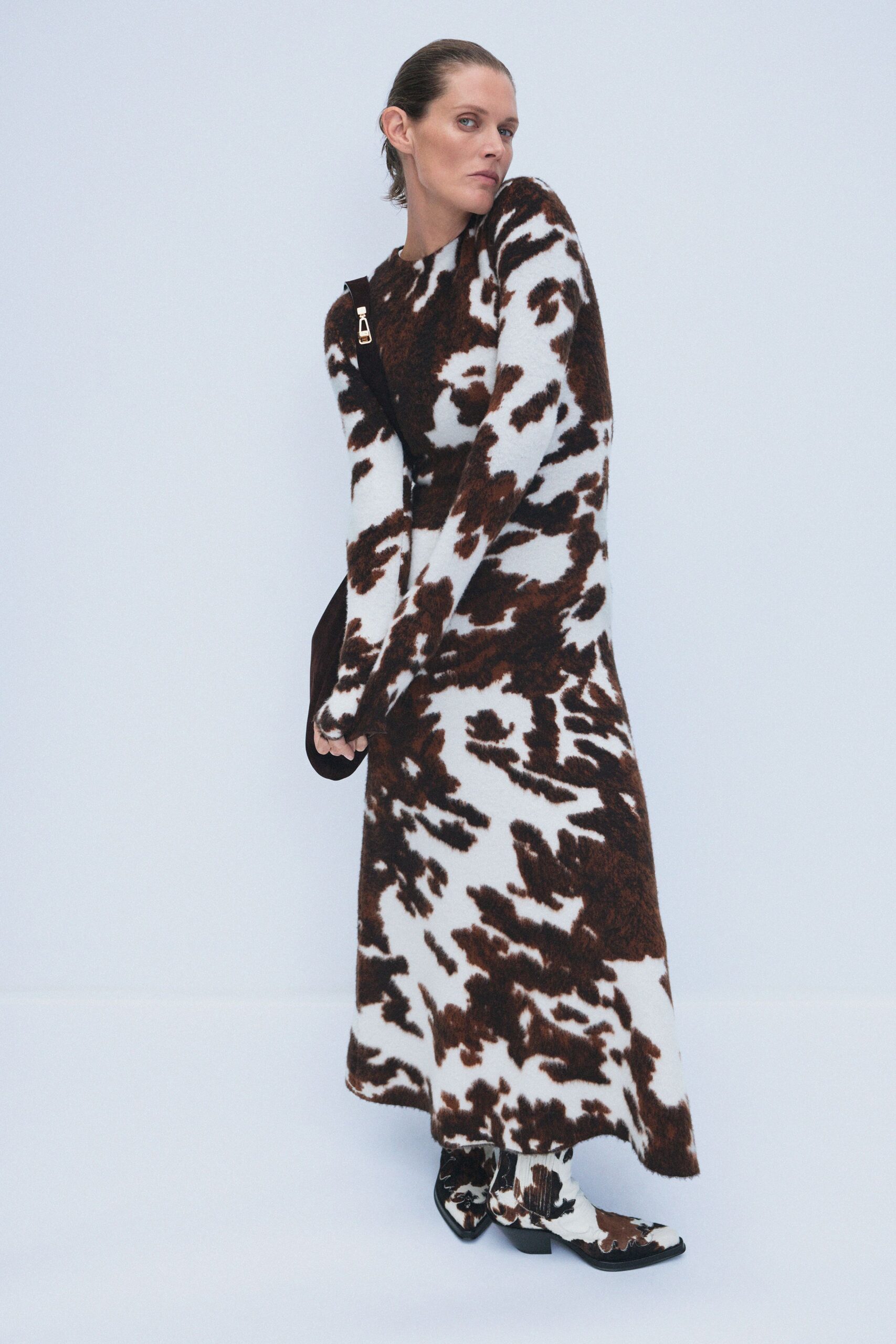 brown wool long-sleeve collared relaxed printed maxi dress