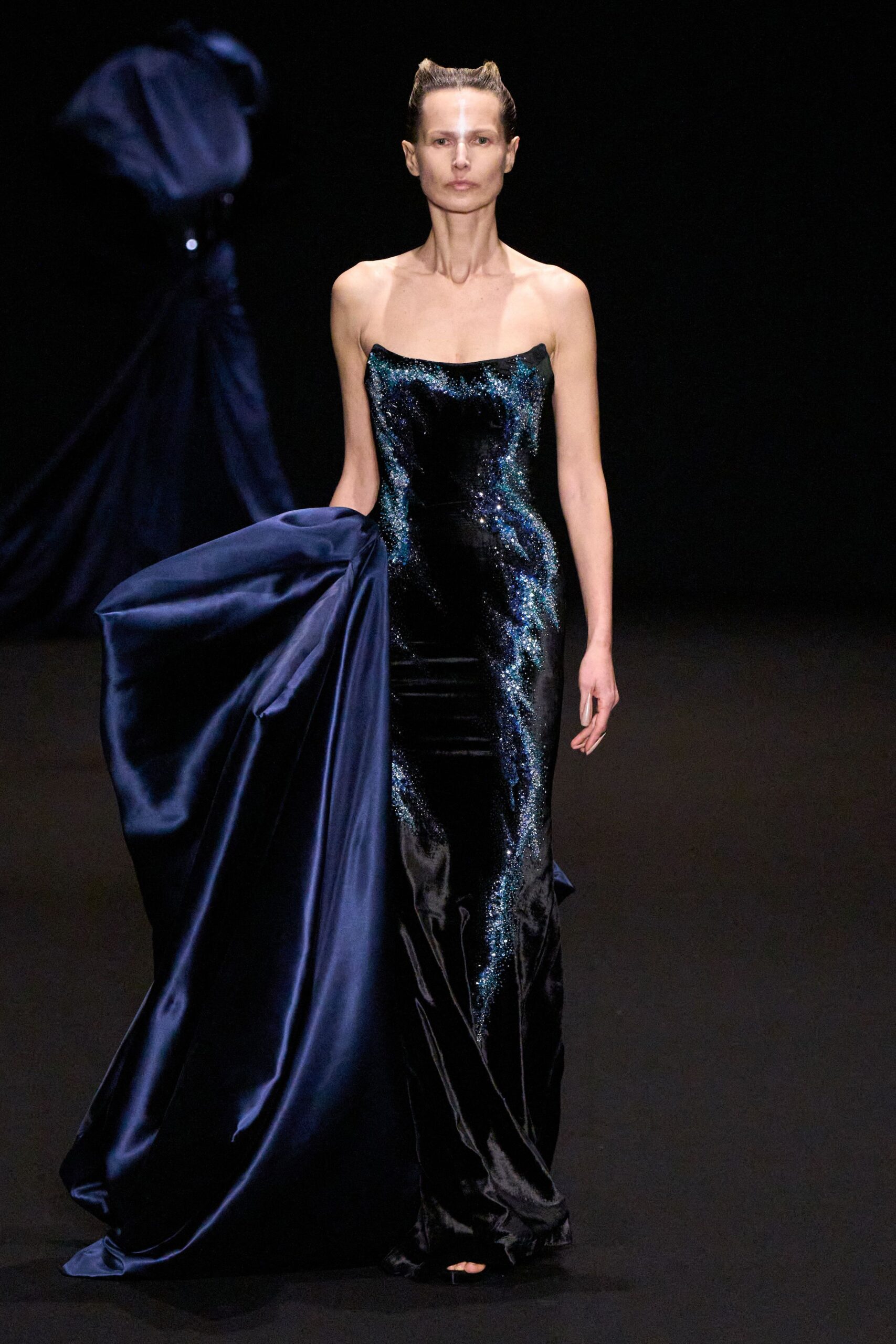 black velvet sequined gown with blue cape