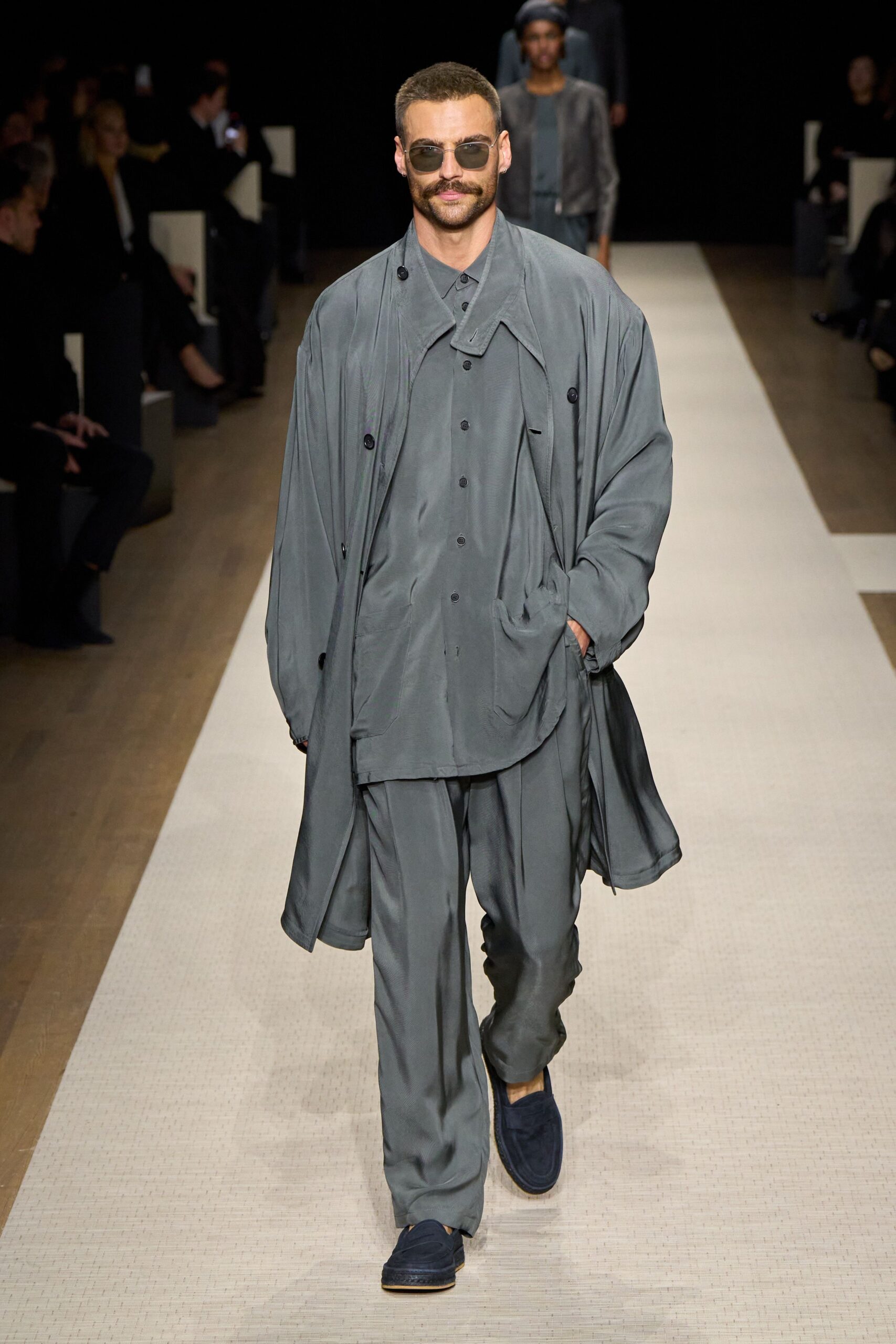 gray silk long-sleeve collared relaxed draped flowing coat