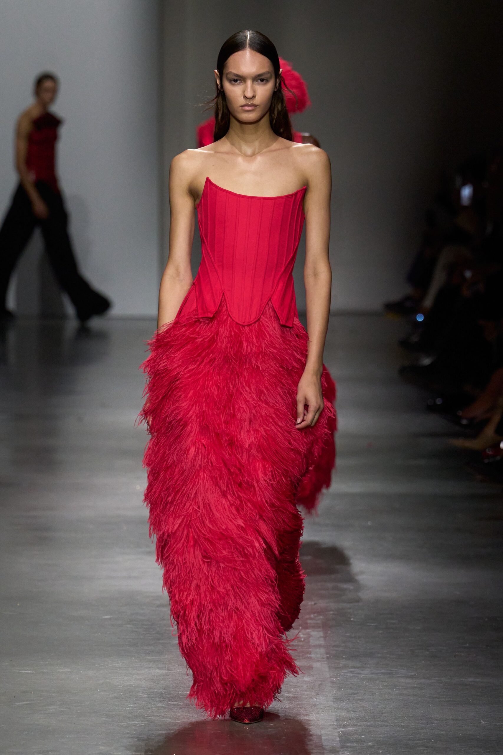 red feather fringed gown