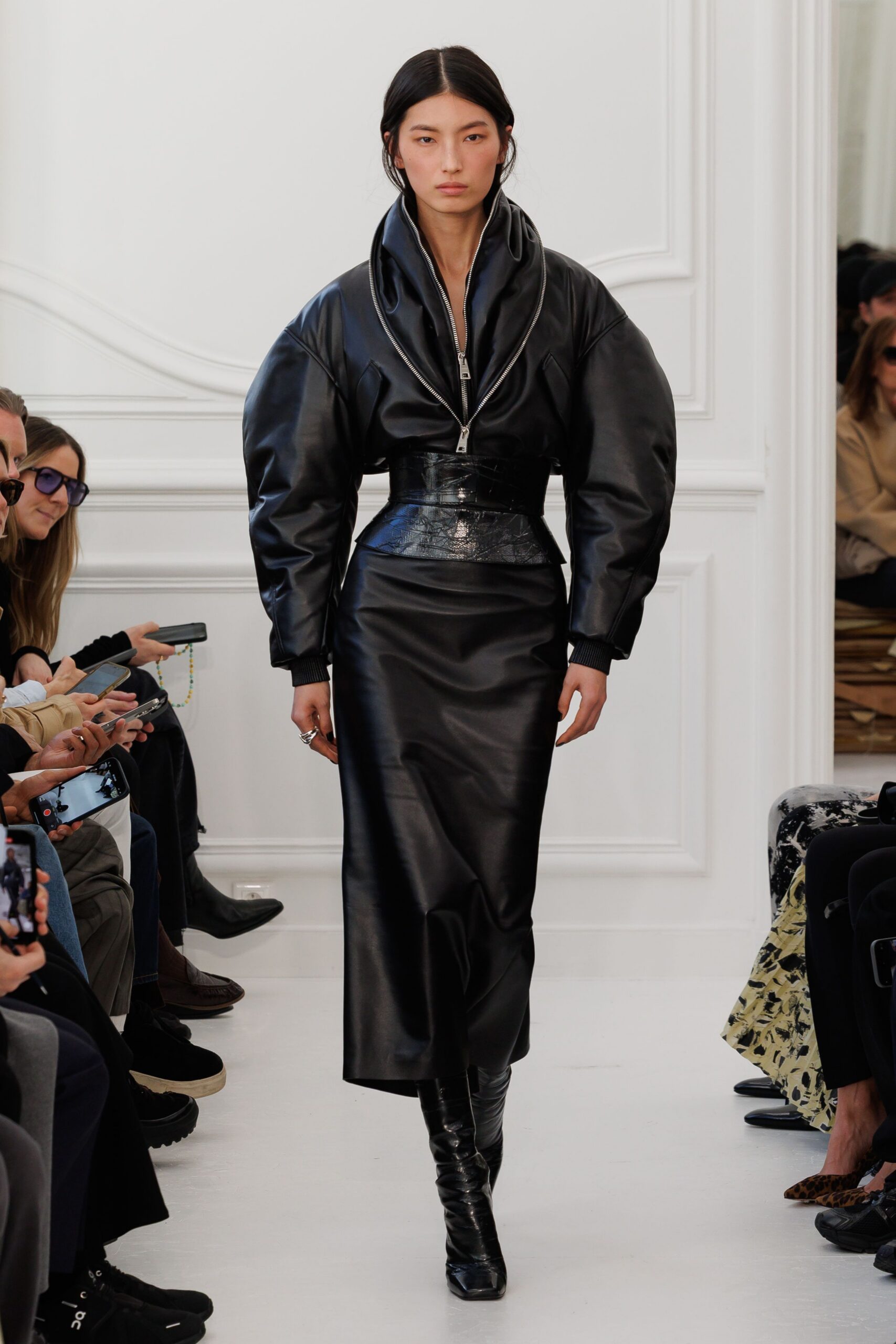 black leather midi dress with boots