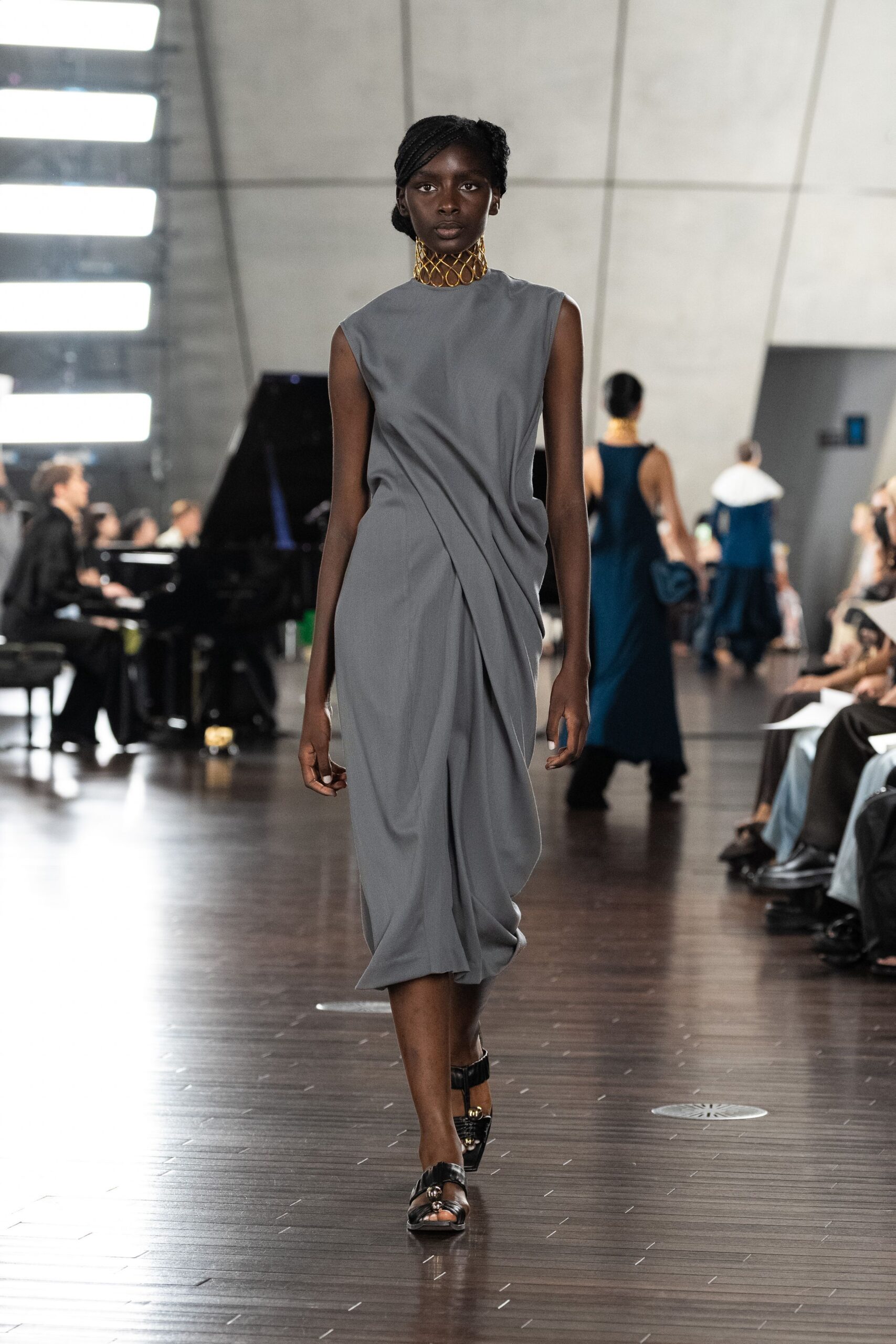 gray silk sleeveless high-neck relaxed draped midi dress