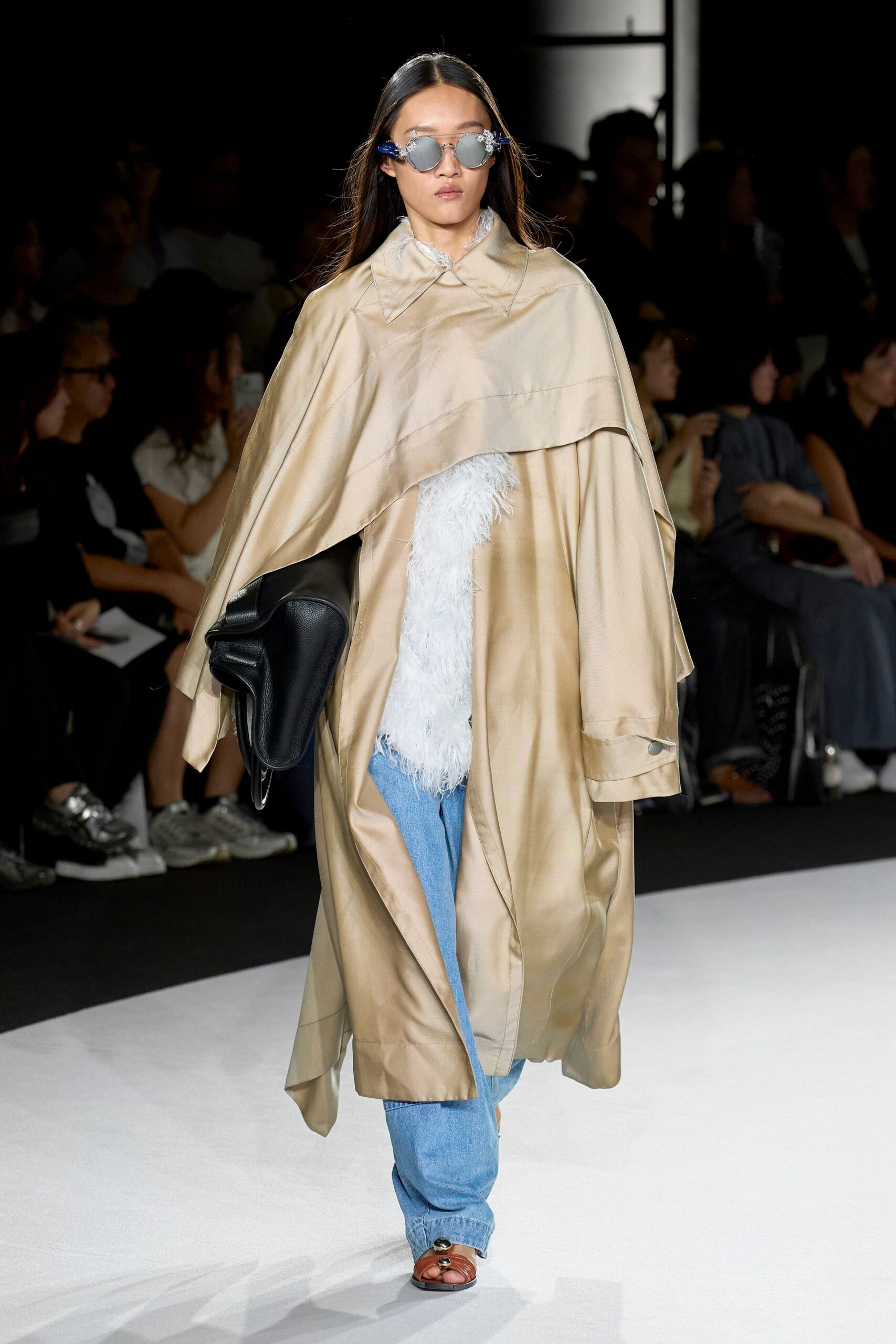 beige silk coat with fur top