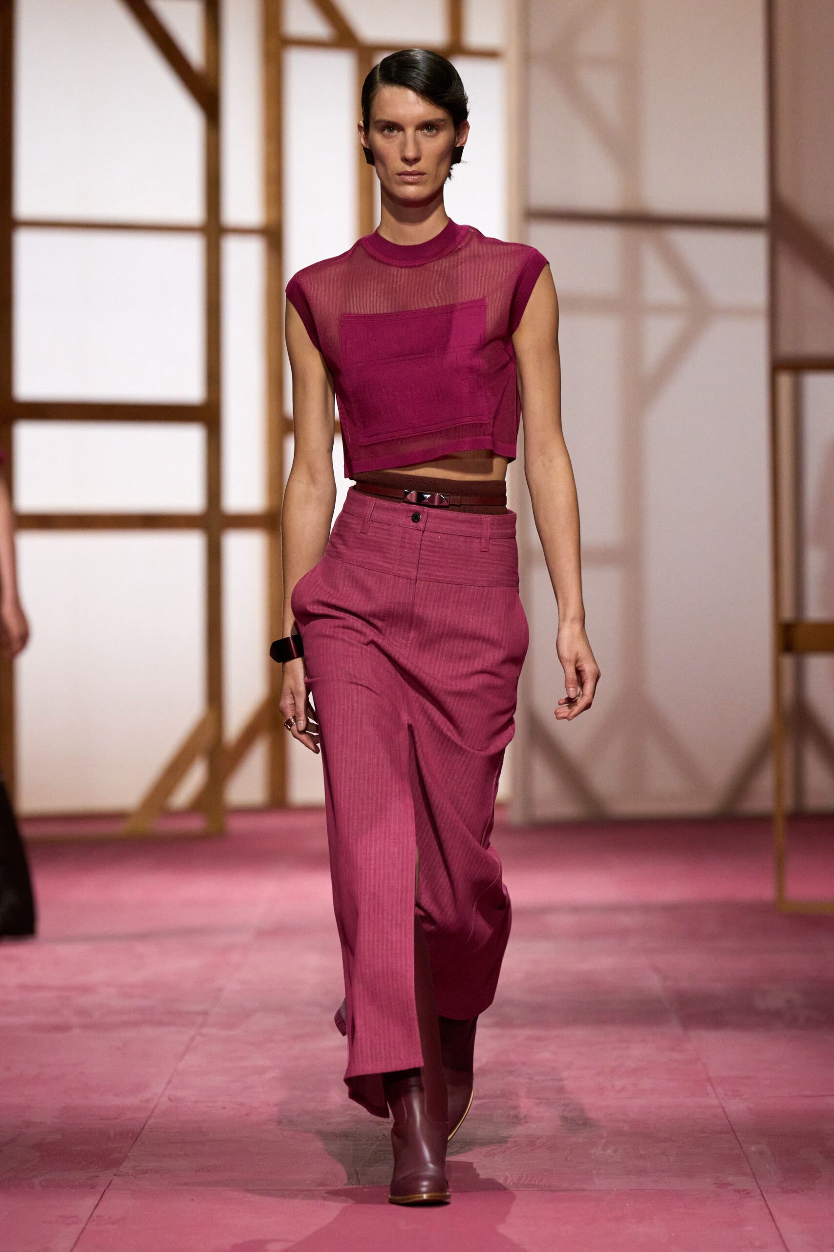 pink mesh top and tailored pants