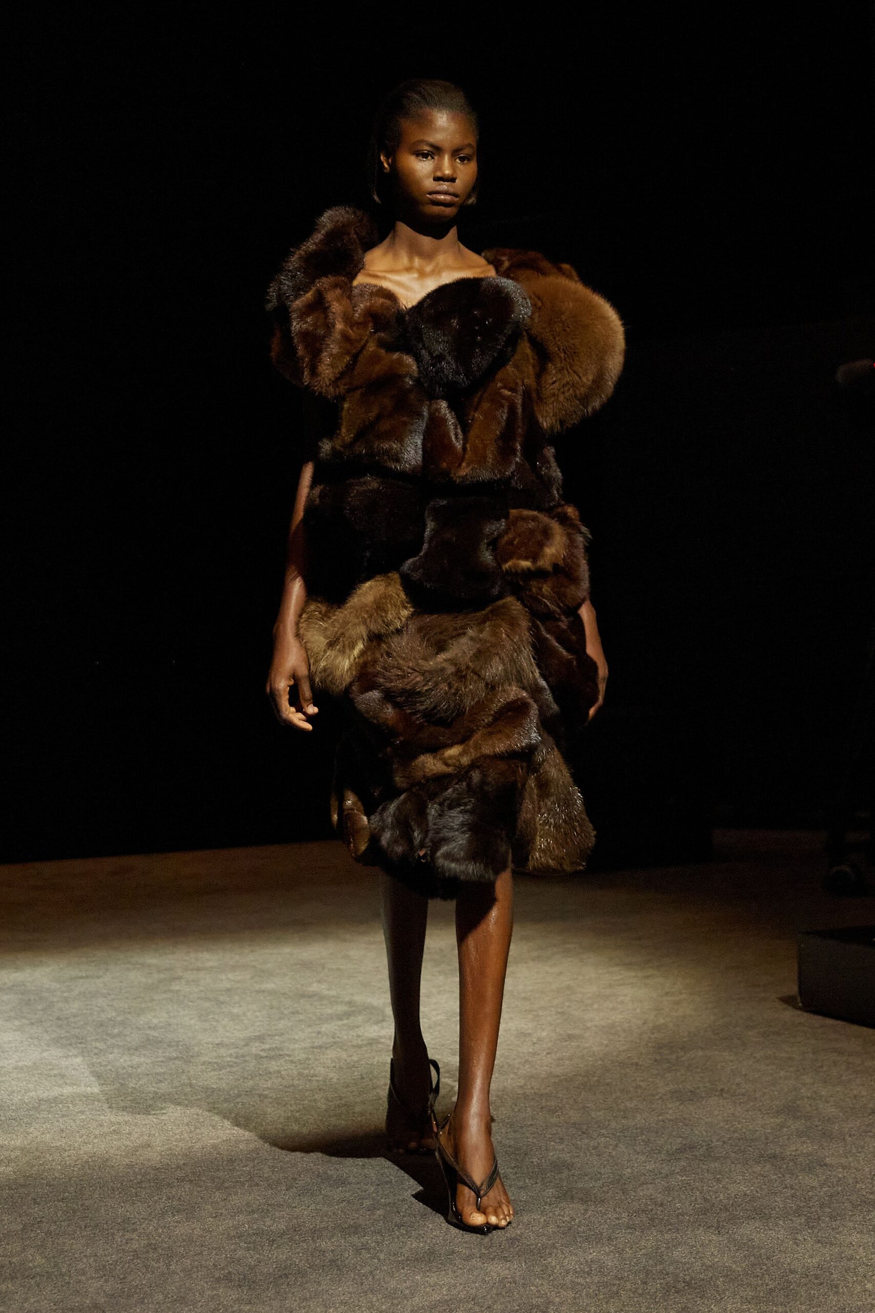 brown fur sleeveless fitted layered midi dress