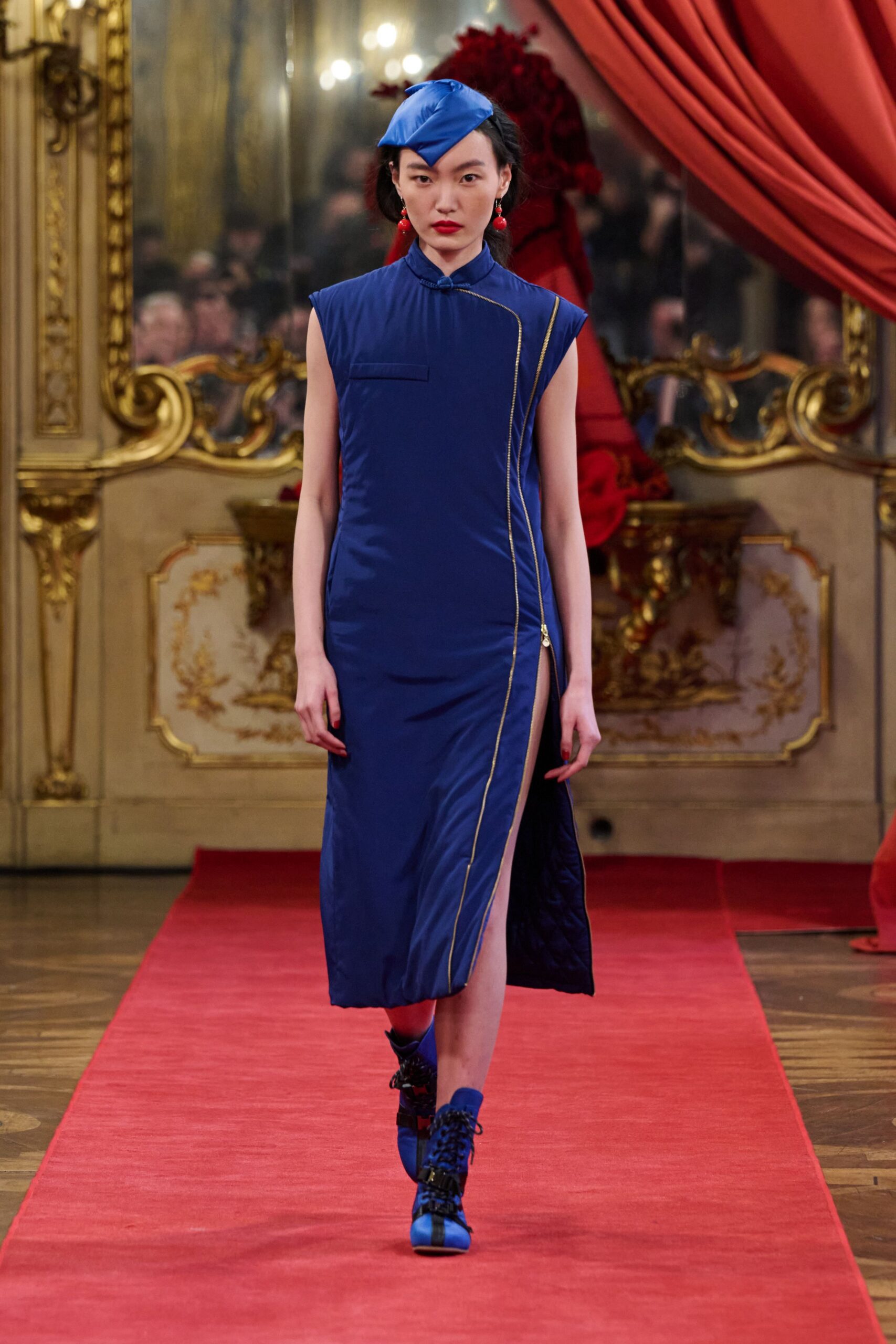 blue silk sleeveless high-neck fitted zippered midi dress