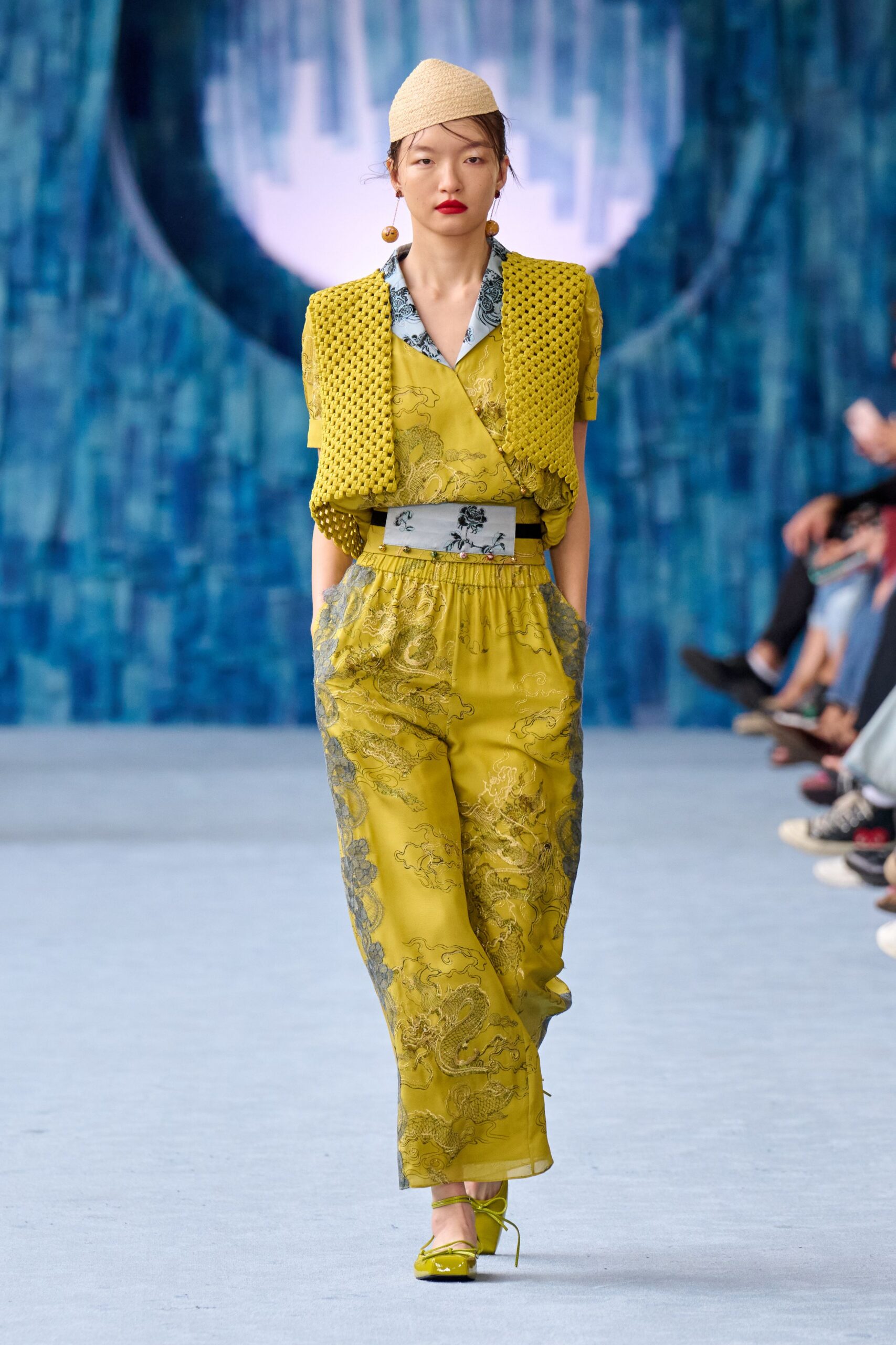 yellow silk short-sleeve v-neck relaxed printed pockets jumpsuit
