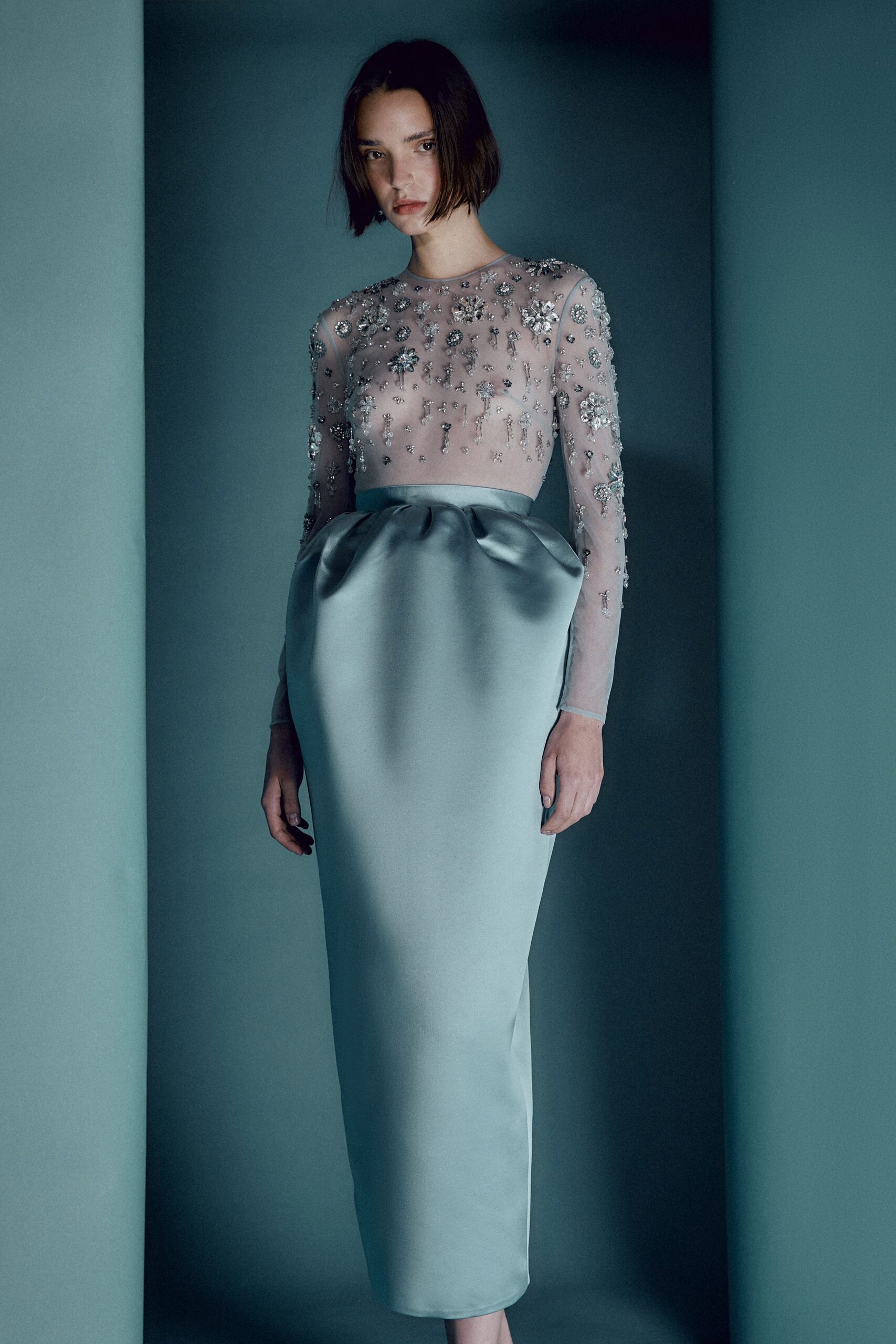 blue silk embroidered gown