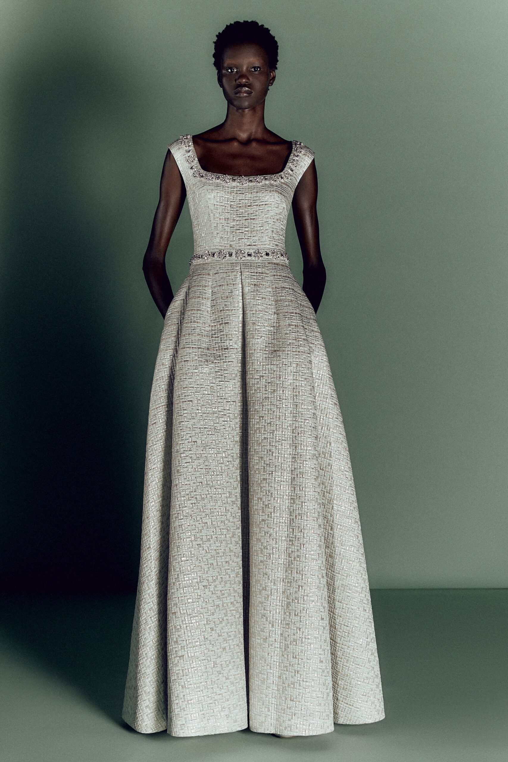 beige silk sleeveless gown