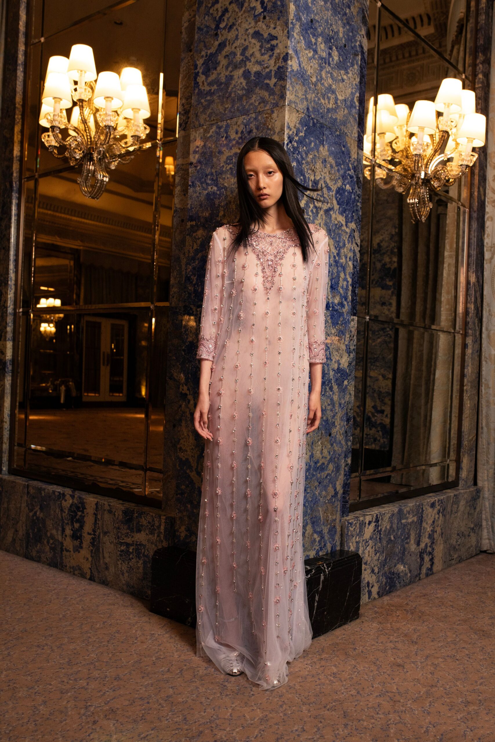 pink silk embroidered gown