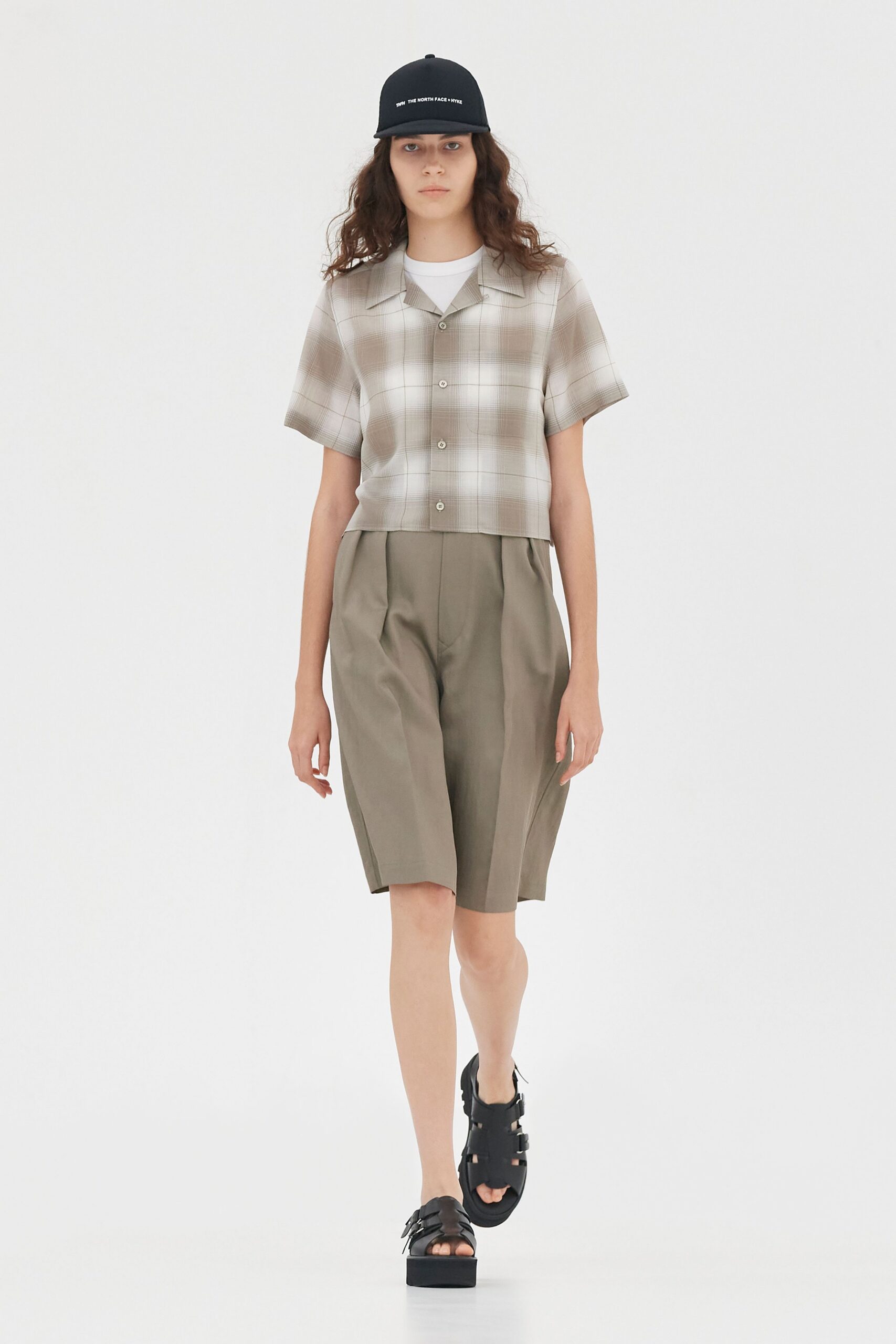 beige cotton short-sleeve collared relaxed checked shirt