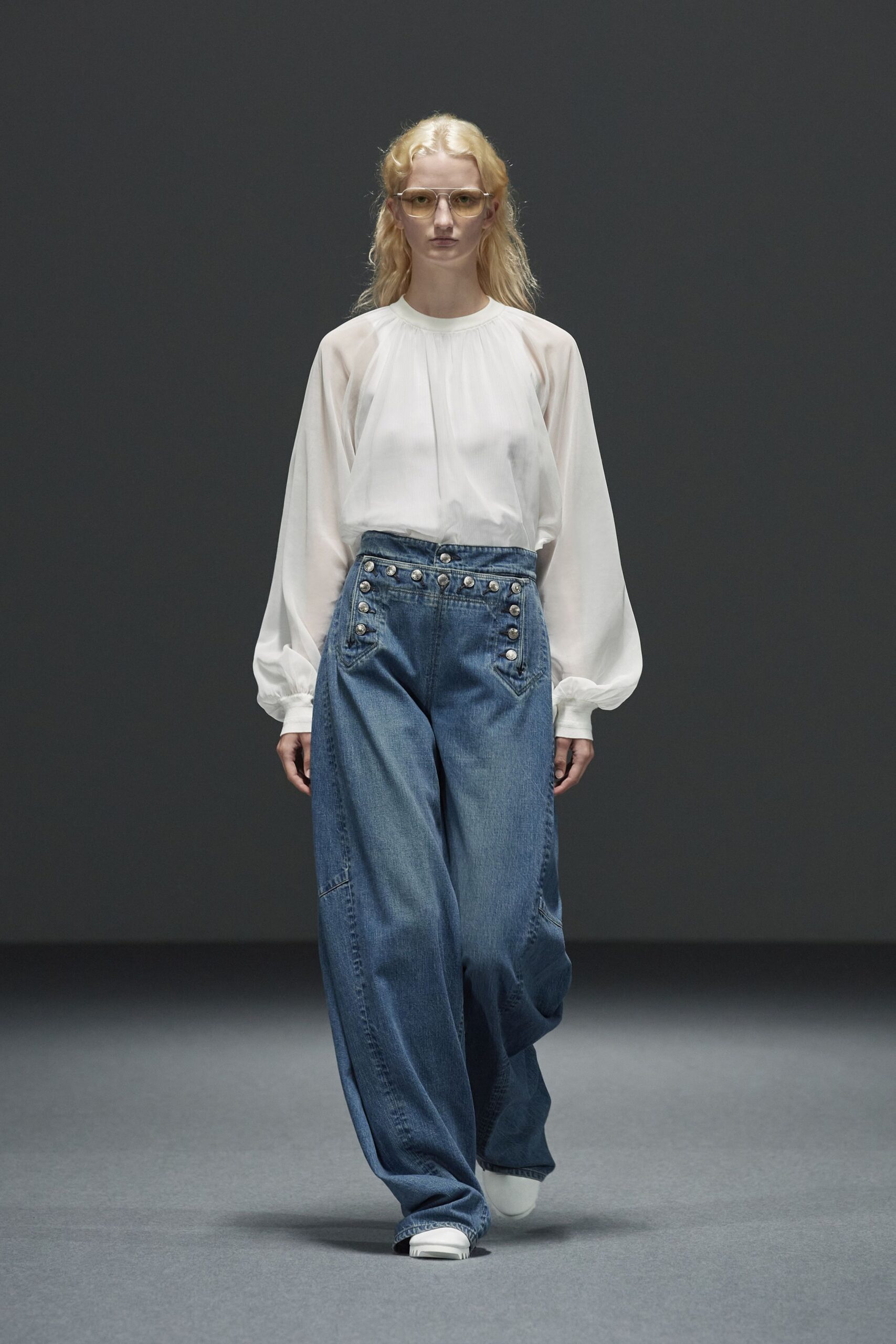 white silk long-sleeve high-neck relaxed pleated sheer blouse