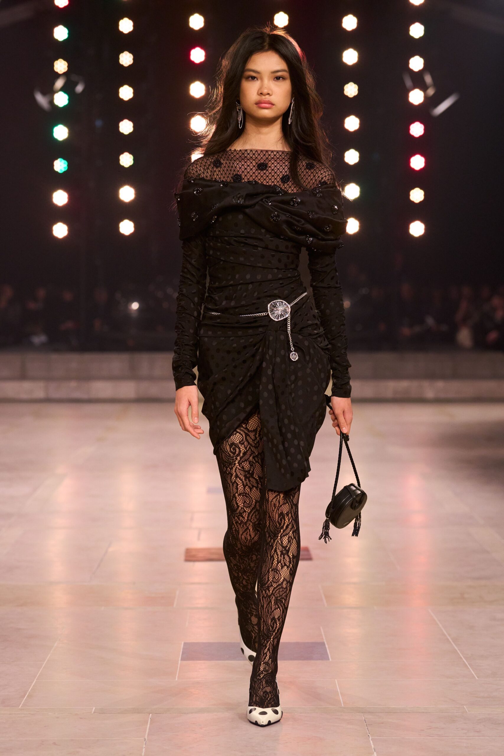 black lace long-sleeve off-shoulder fitted ruched pleated dress