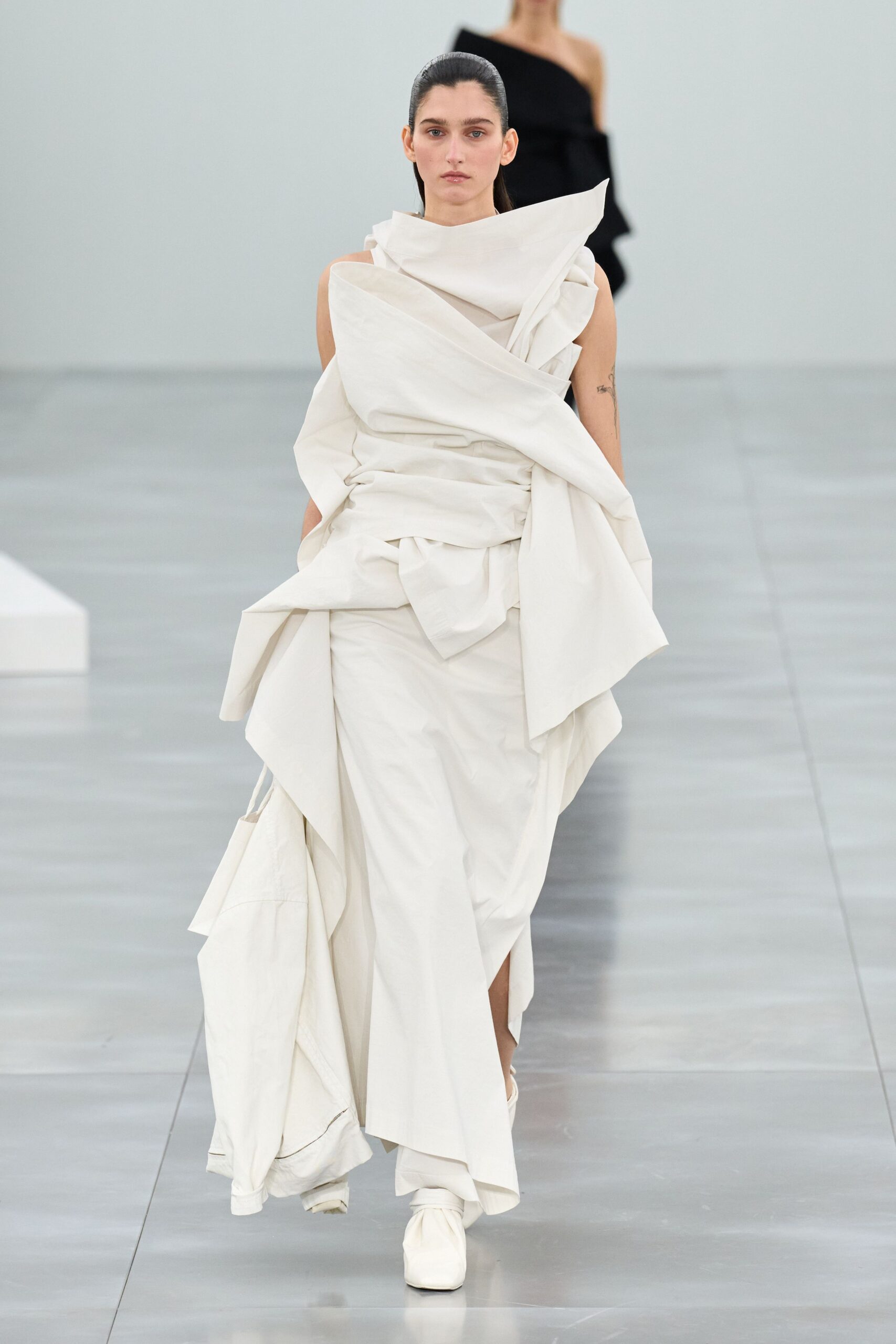 white cotton sleeveless high-neck fitted draped maxi gown
