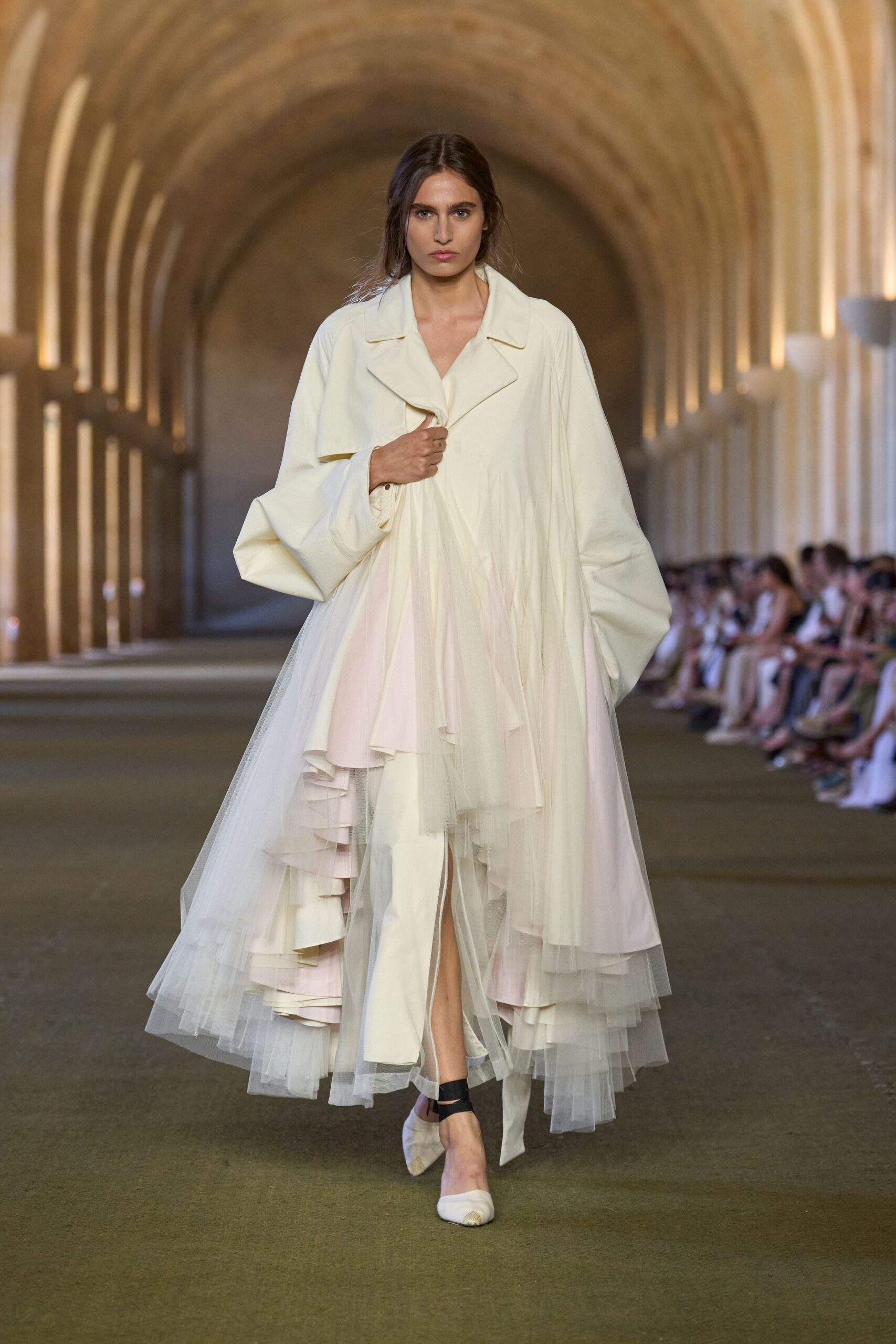 white tulle long-sleeve collared fitted layered pleated dress