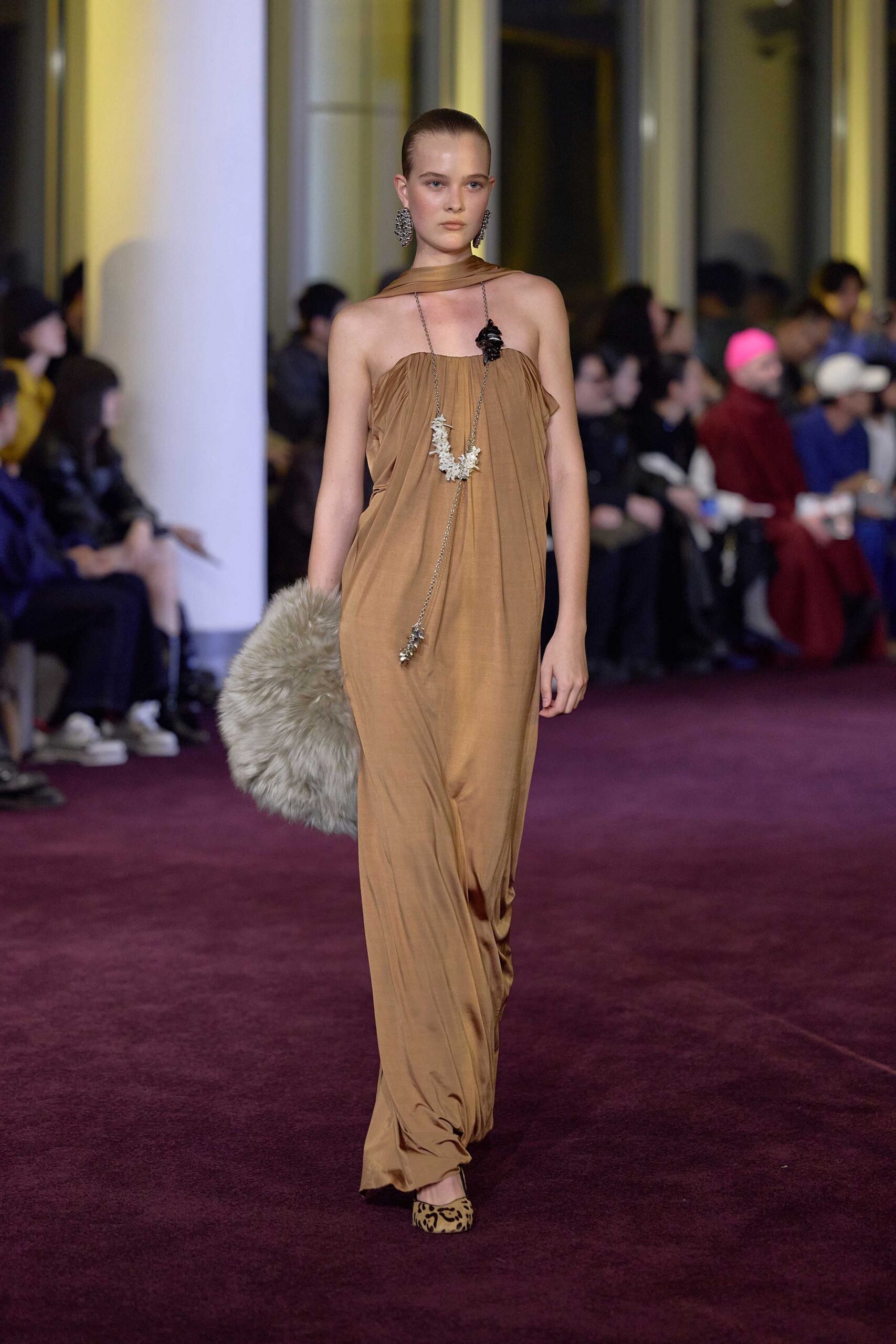 brown silk sleeveless v-neck relaxed draped flowing gown