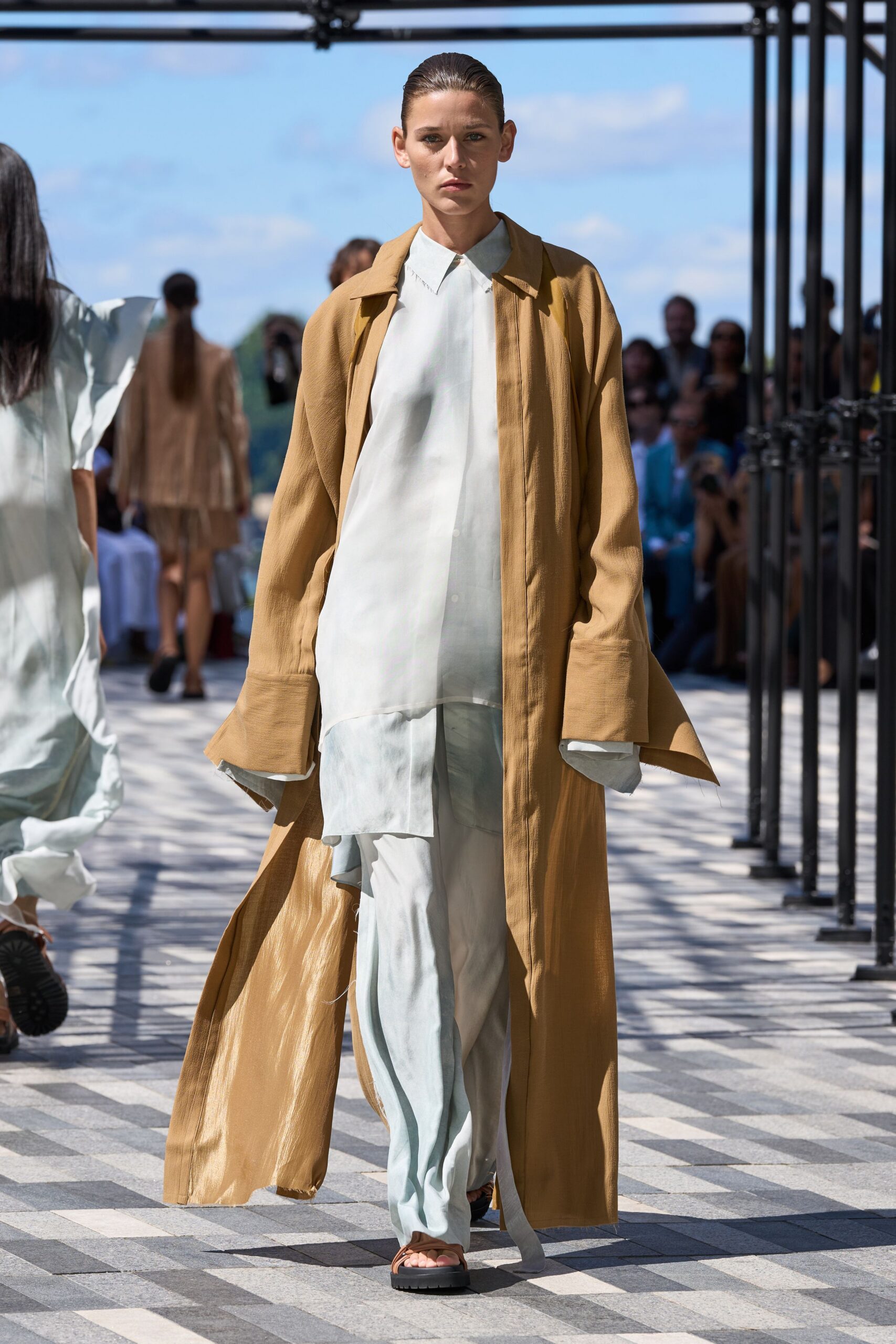brown silk long-sleeve collared relaxed draped coat