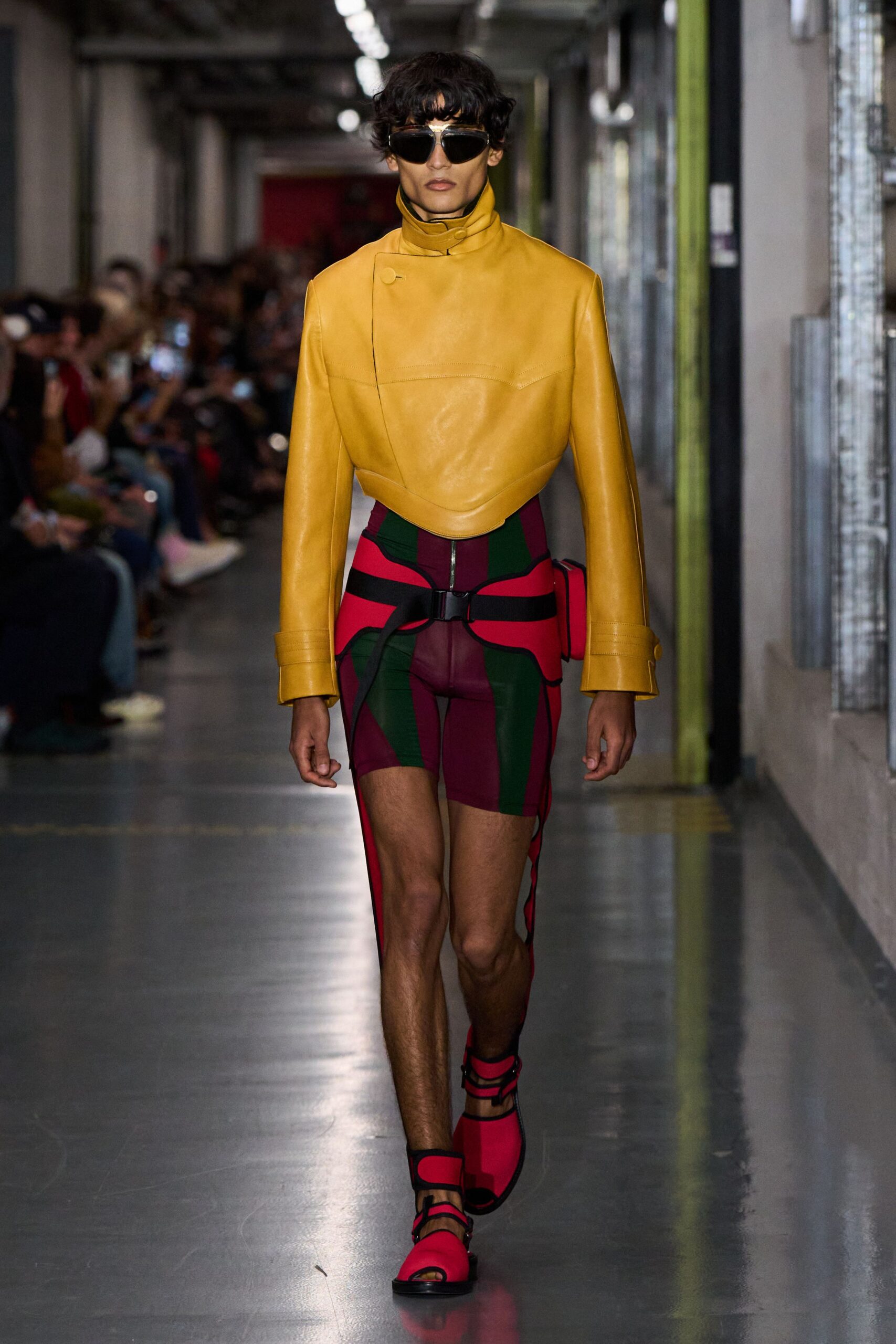 yellow leather jacket with color-blocked shorts