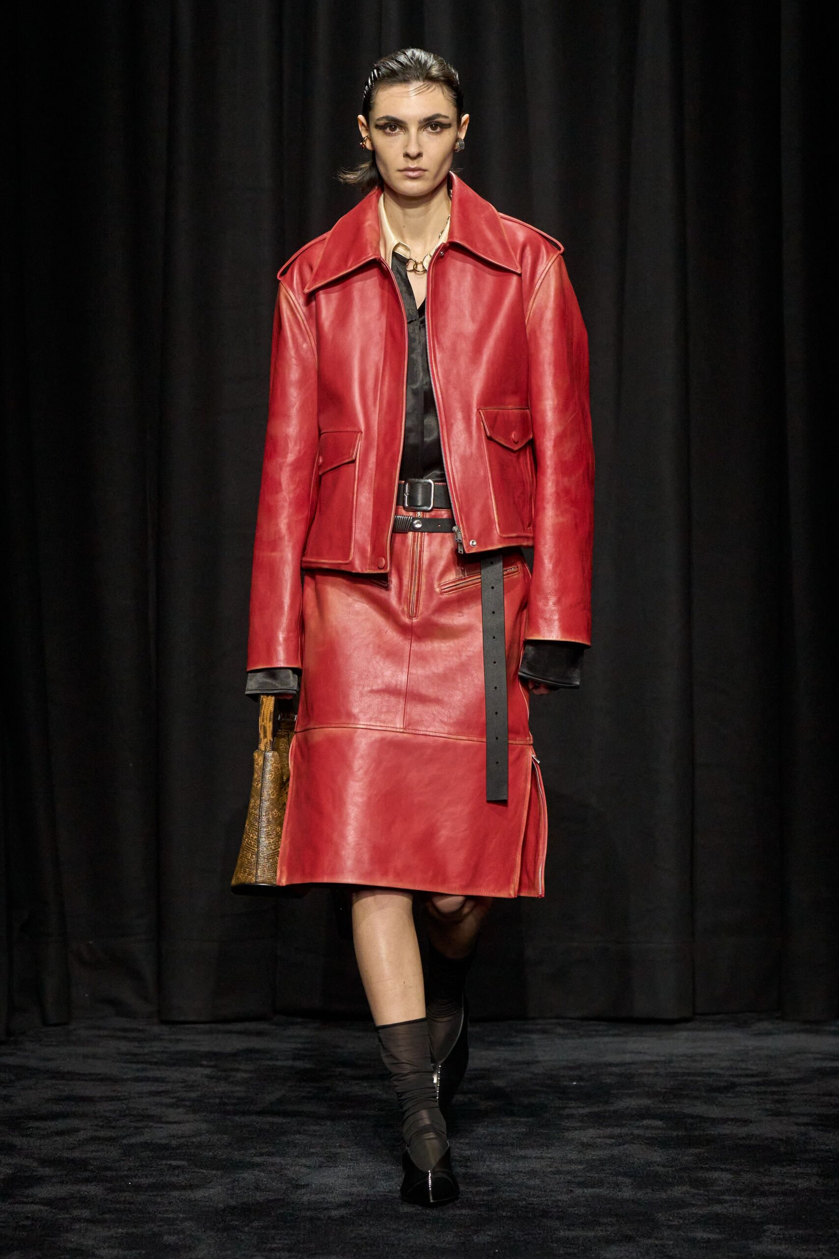 red leather jacket and skirt