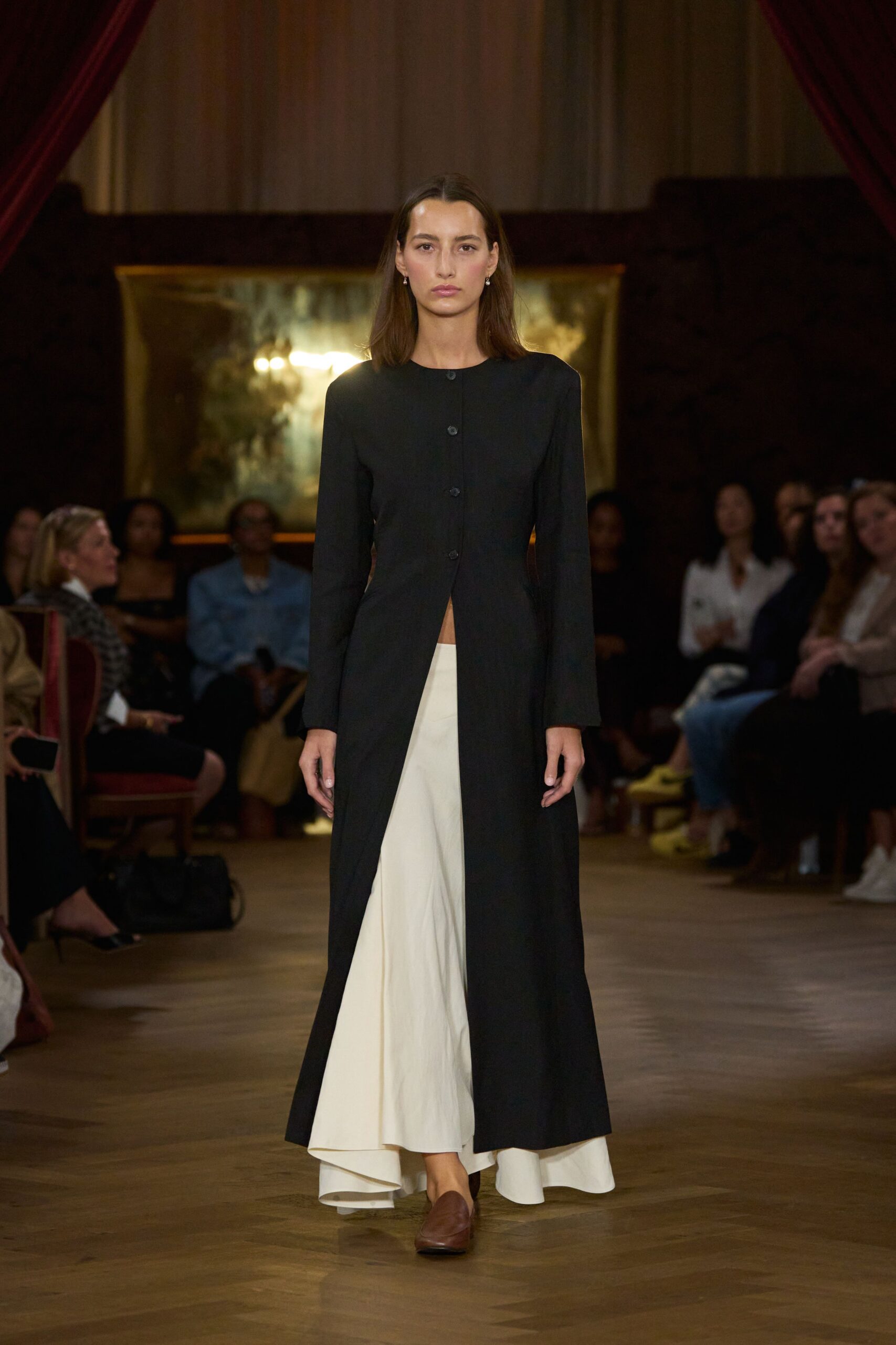 black cotton long-sleeve collared fitted buttoned maxi dress