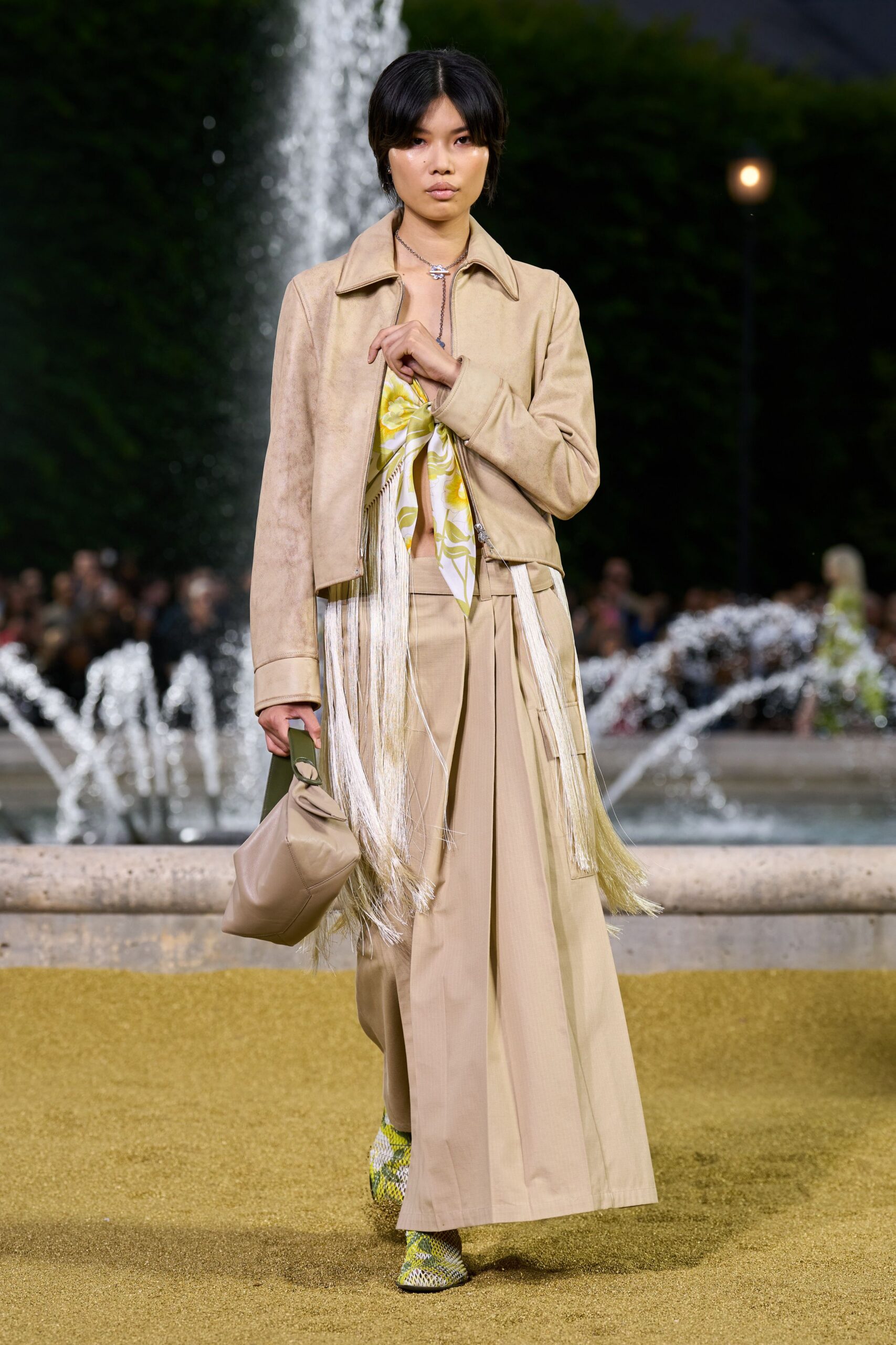 beige suede long-sleeve fitted fringed jacket