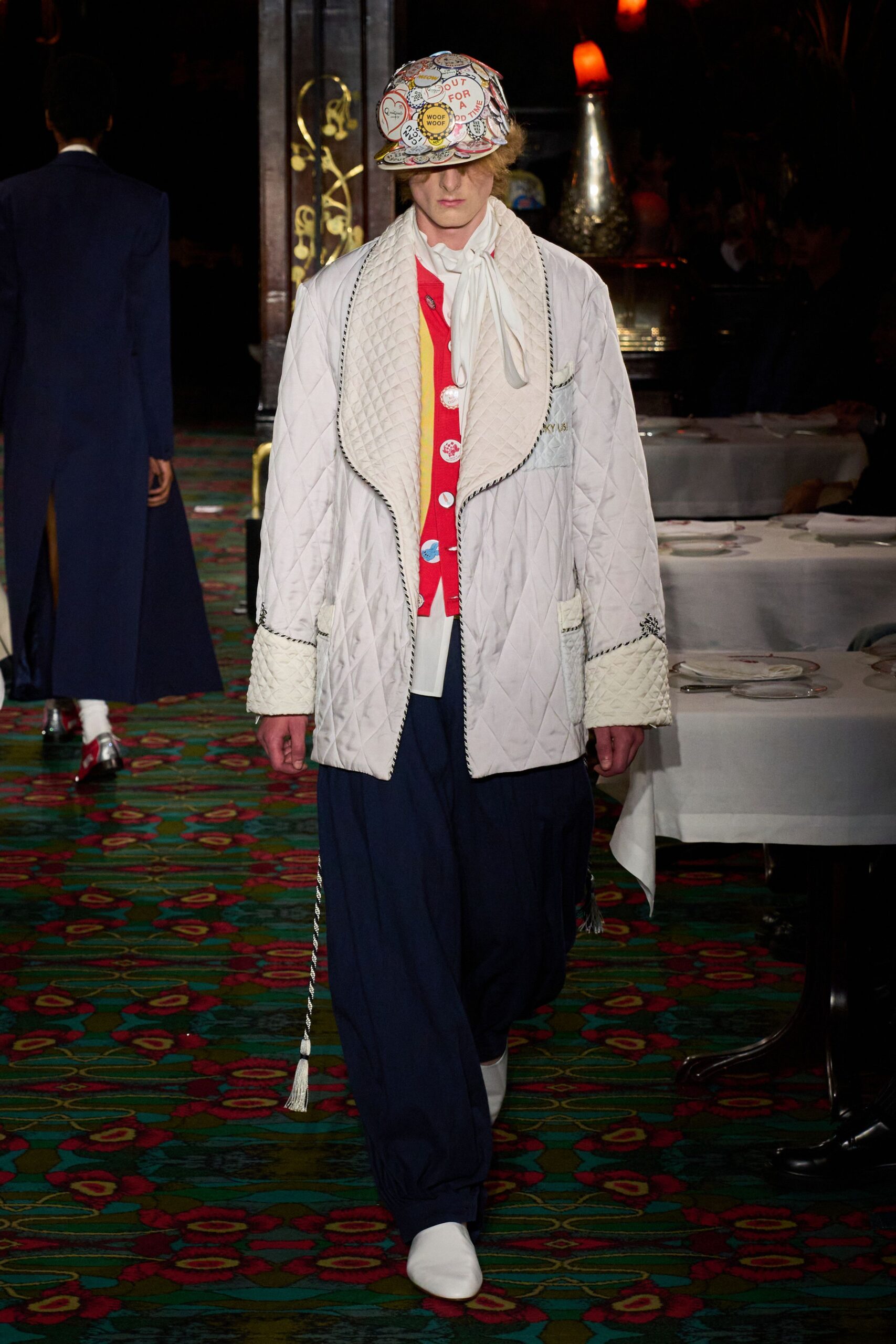 white quilted coat with red shirt