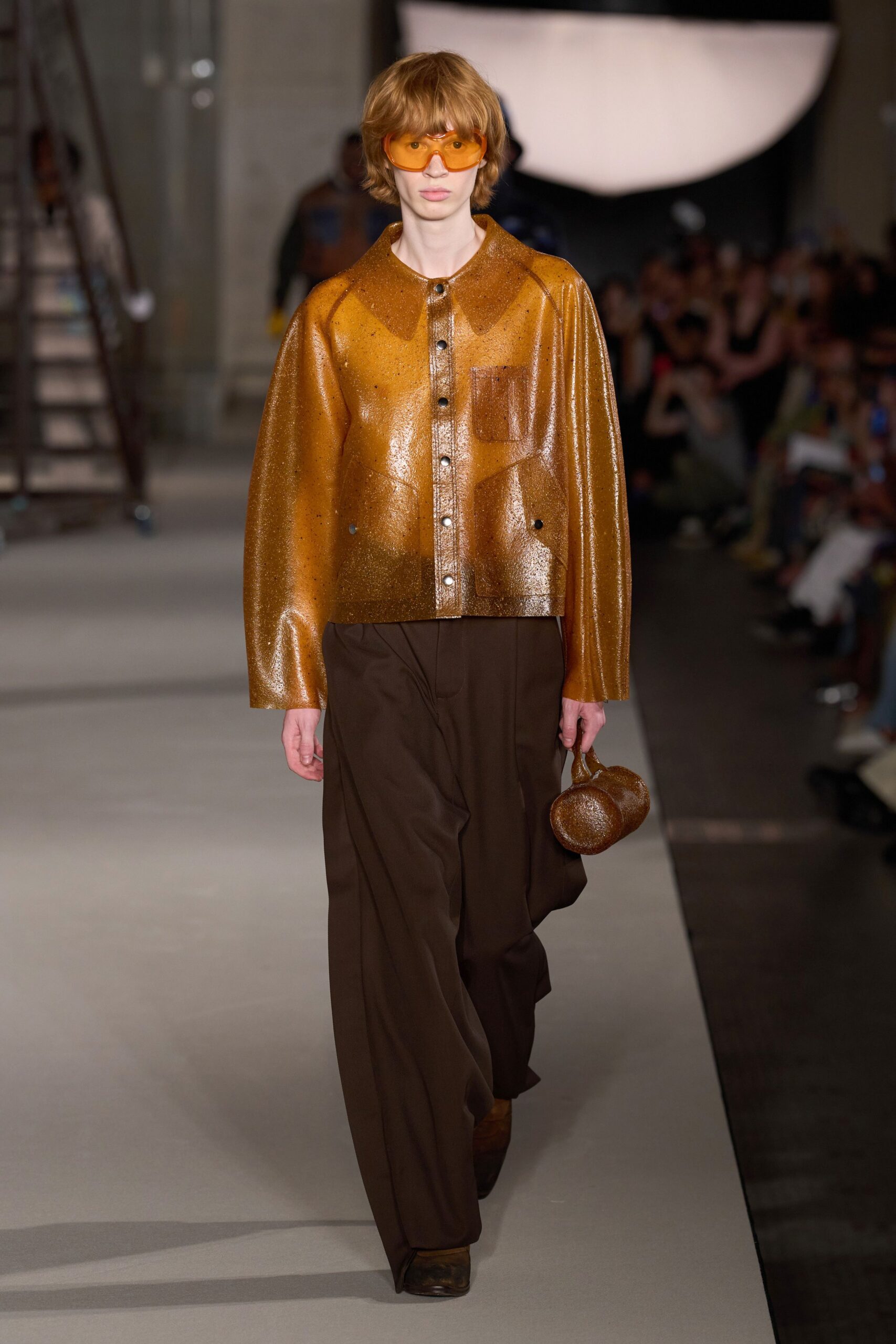 gold vinyl long-sleeve collared relaxed buttoned shiny jacket