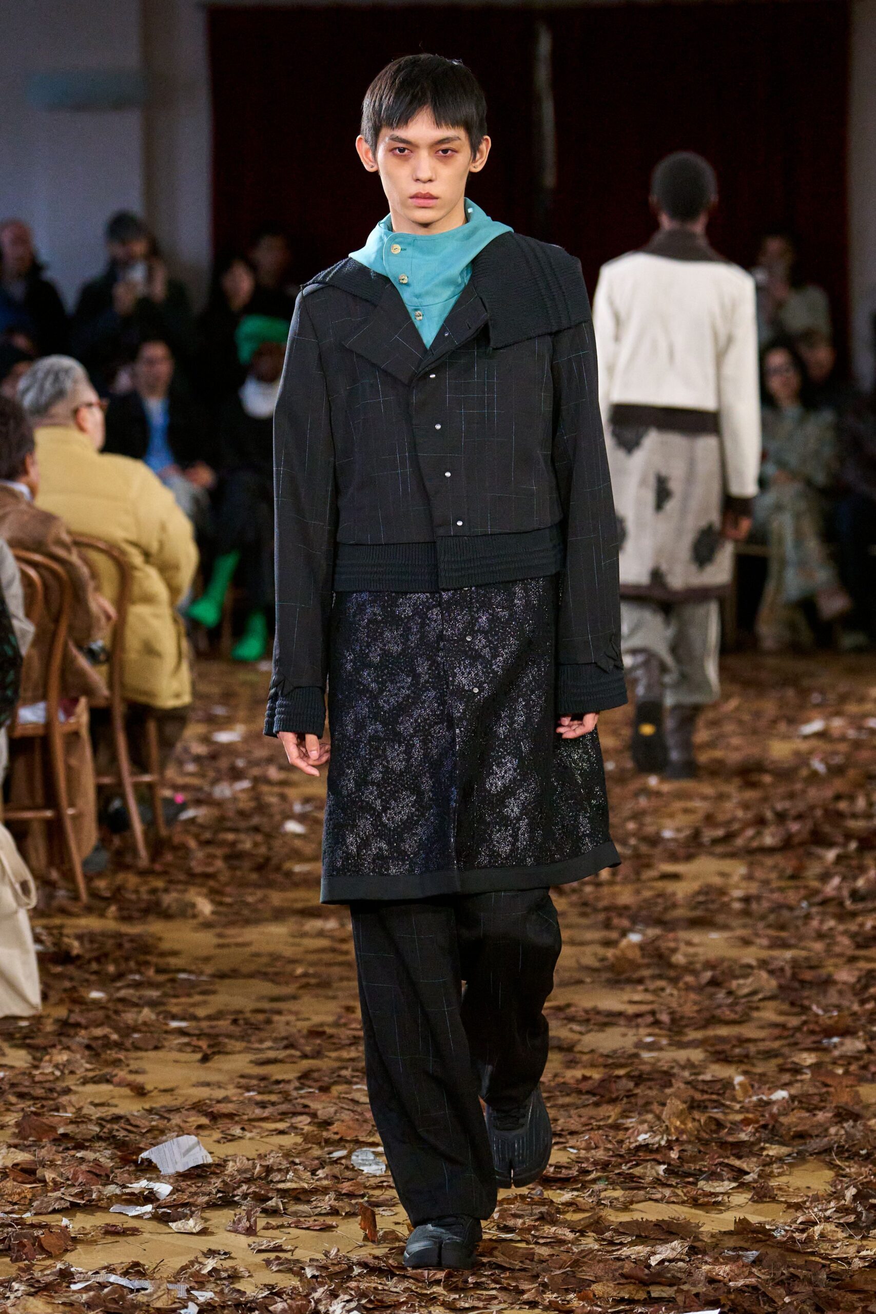 black cotton long-sleeve collared structured buttoned layered jacket