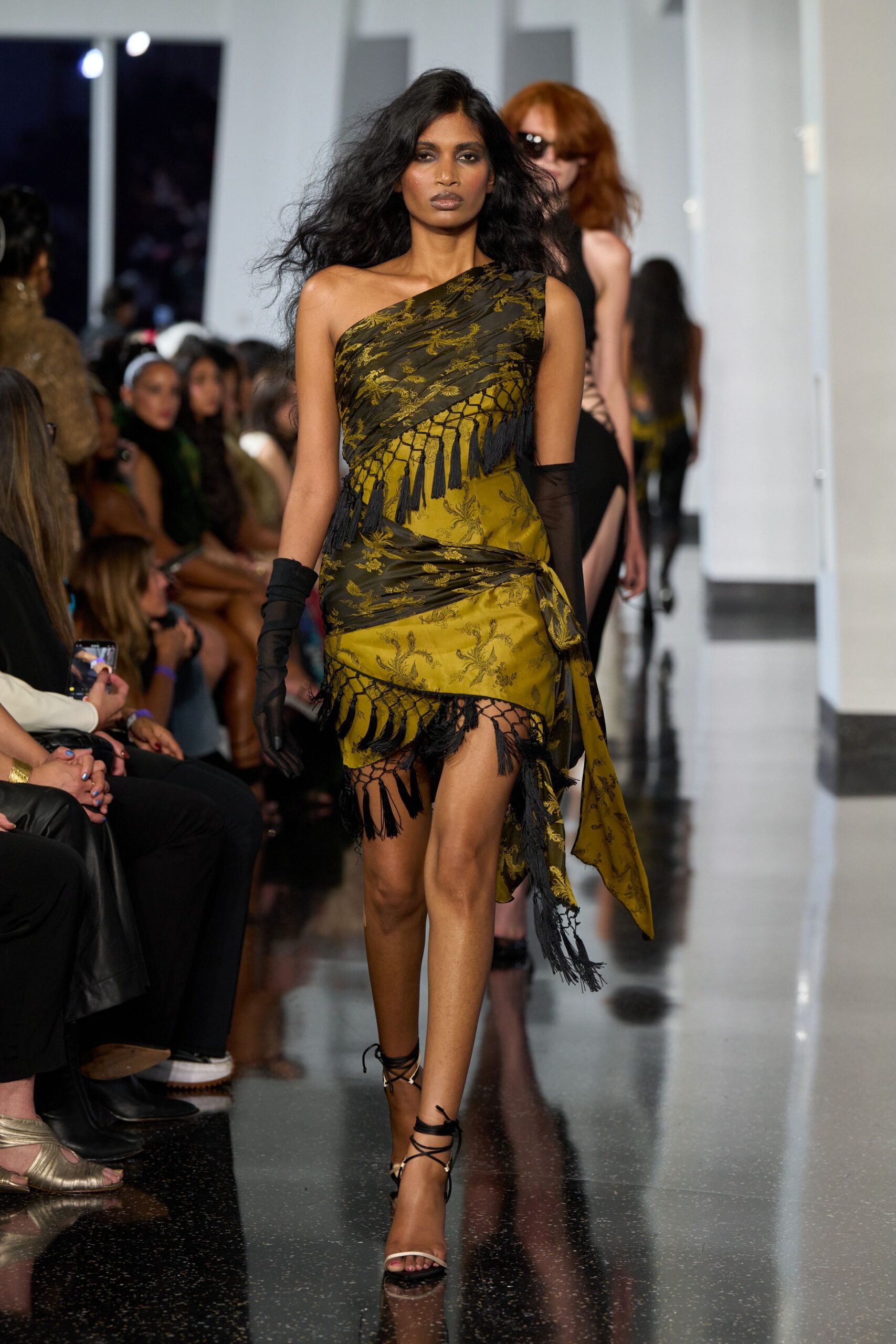green silk sleeveless asymmetric fitted fringed layered dress