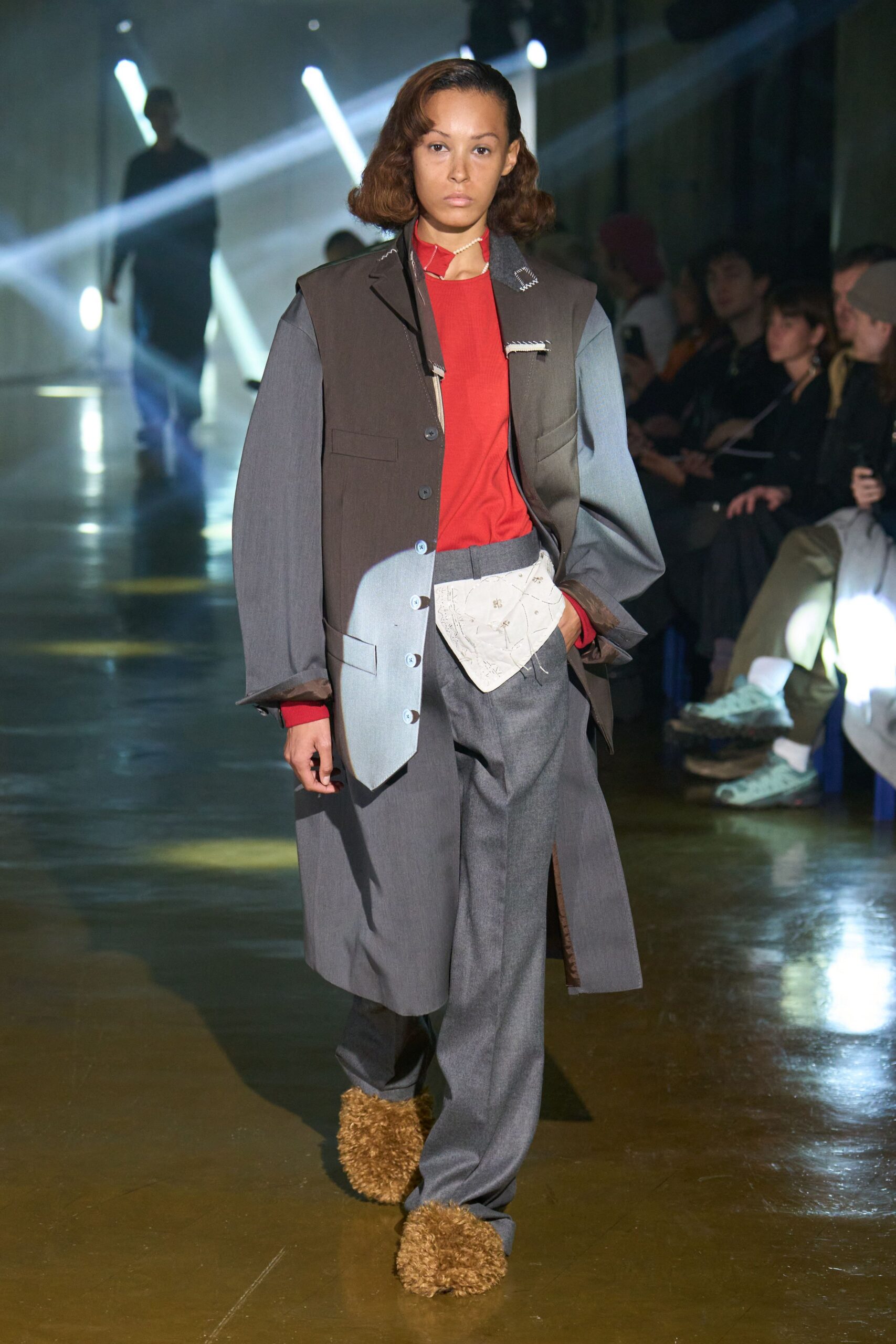 gray wool coat with red top