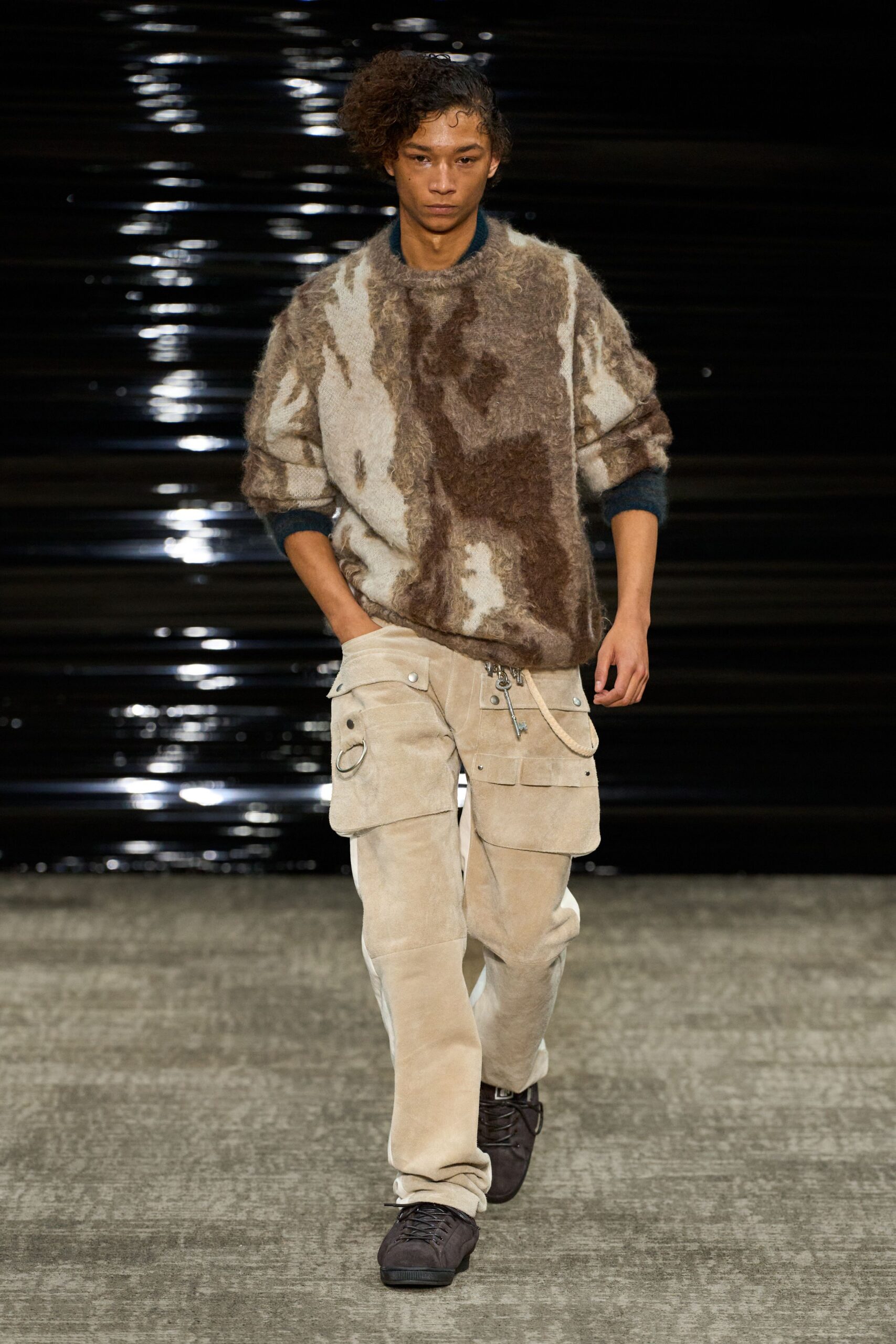 brown beige relaxed sweater with cargo pants