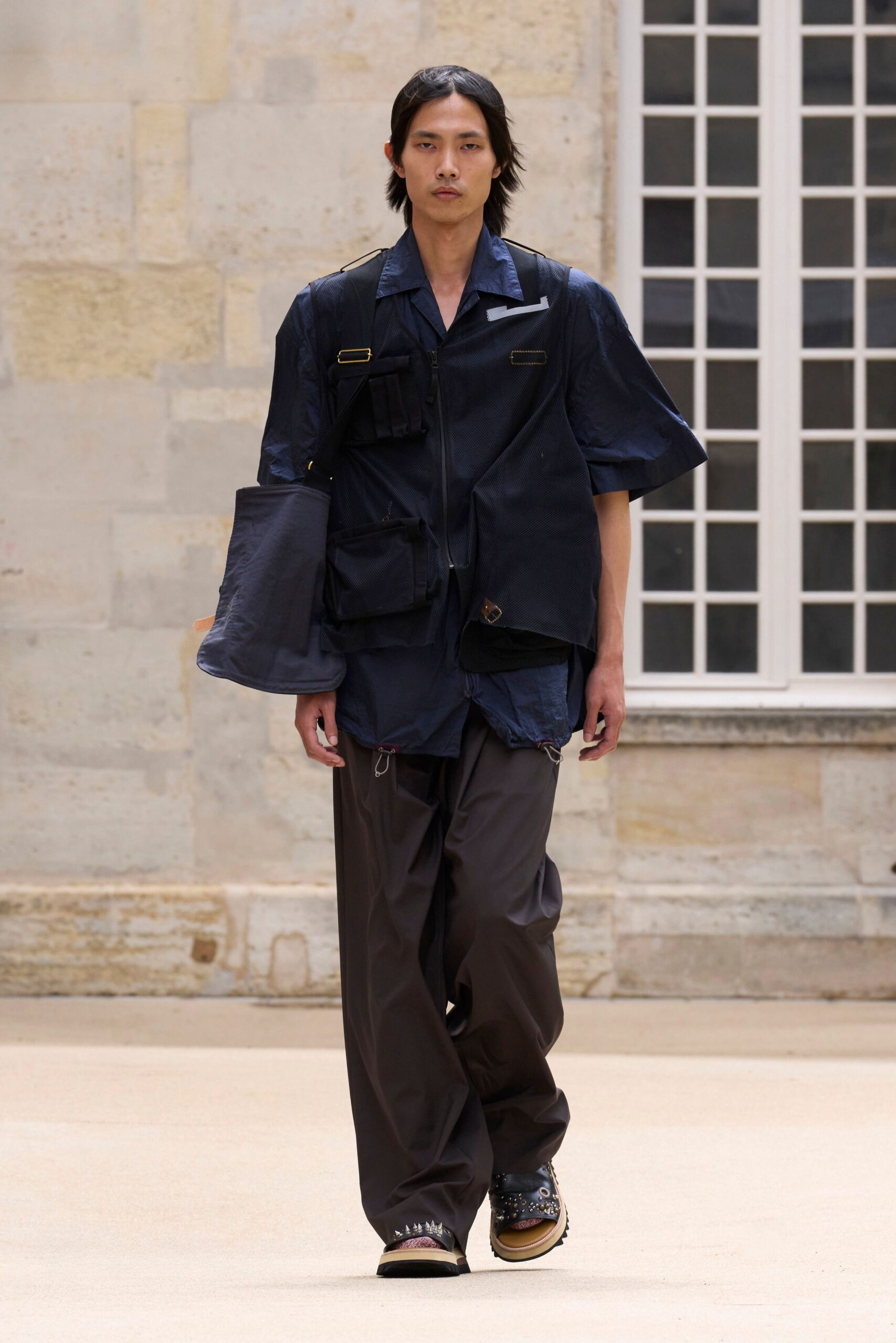 blue relaxed shirt gray wide-leg pants