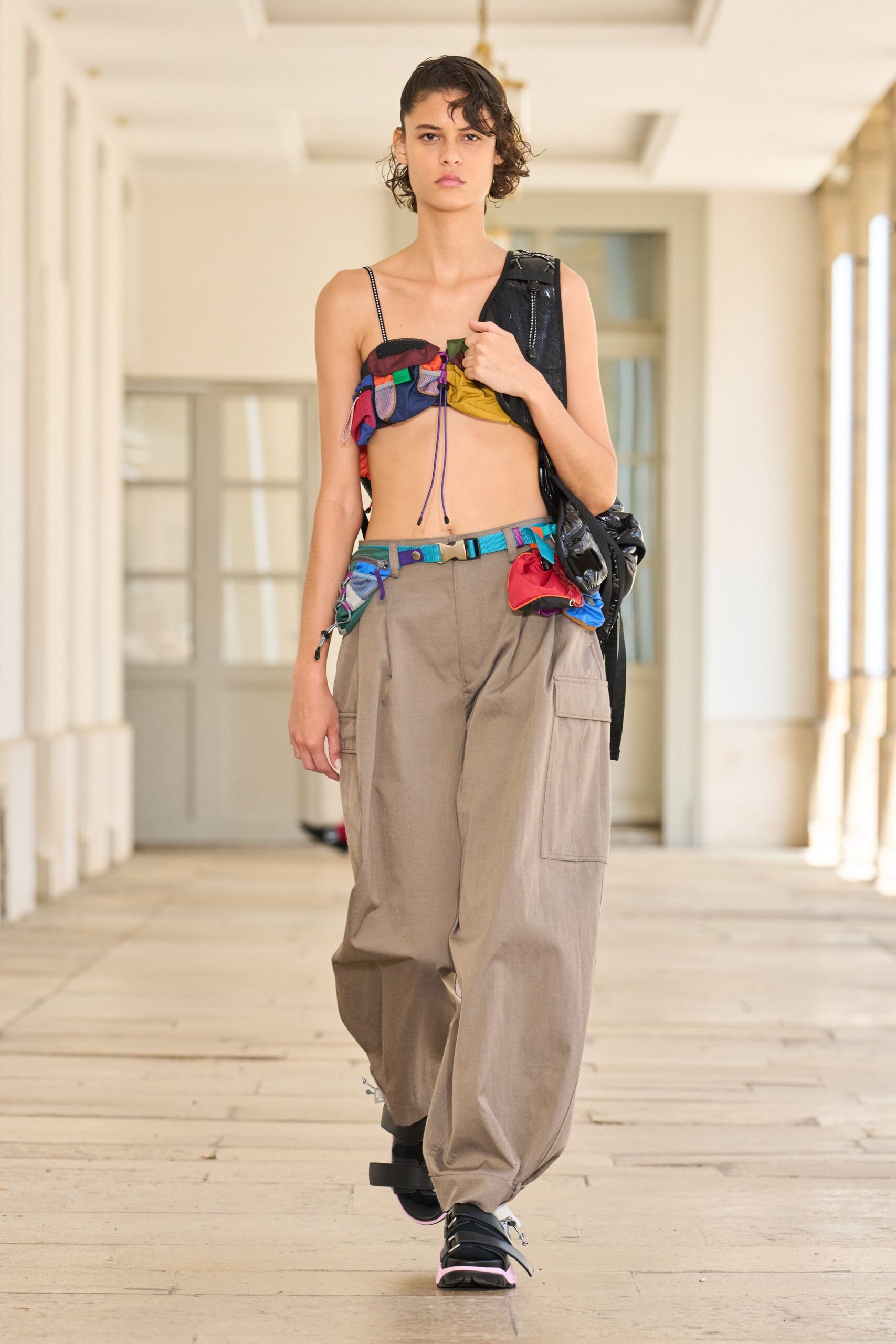 multi-colored fitted top with cargo pants