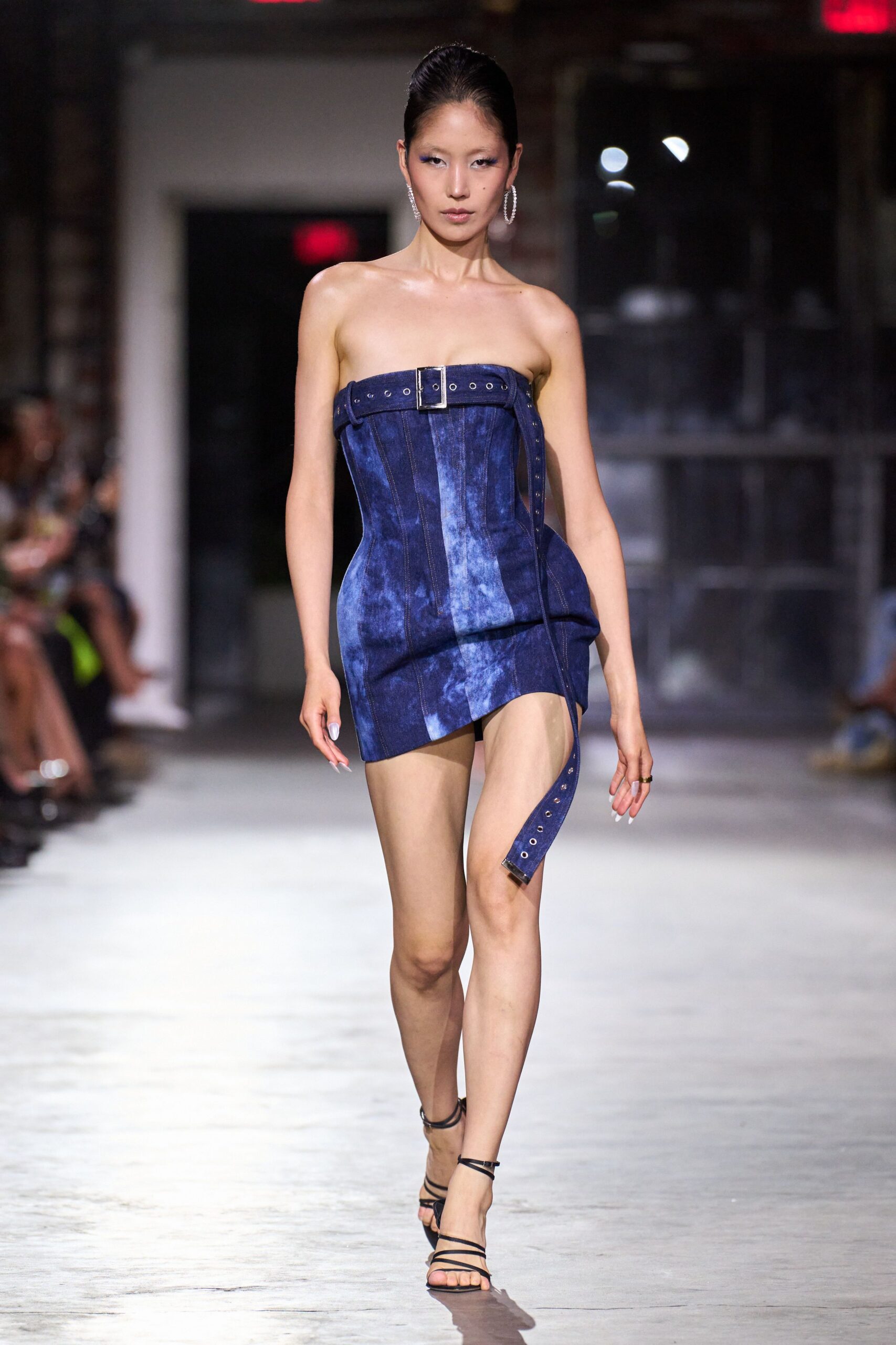 blue denim strapless asymmetric fitted mini dress