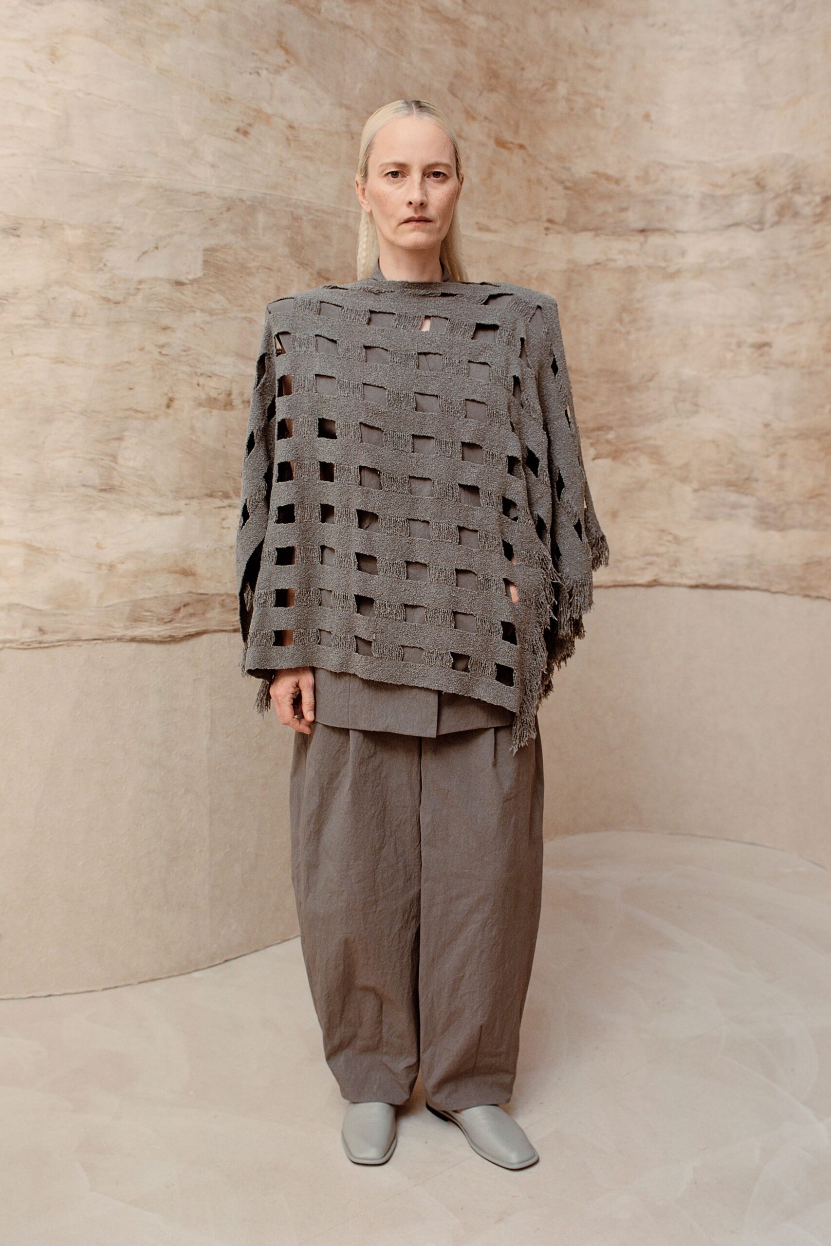 gray cotton sleeveless oversized layered poncho
