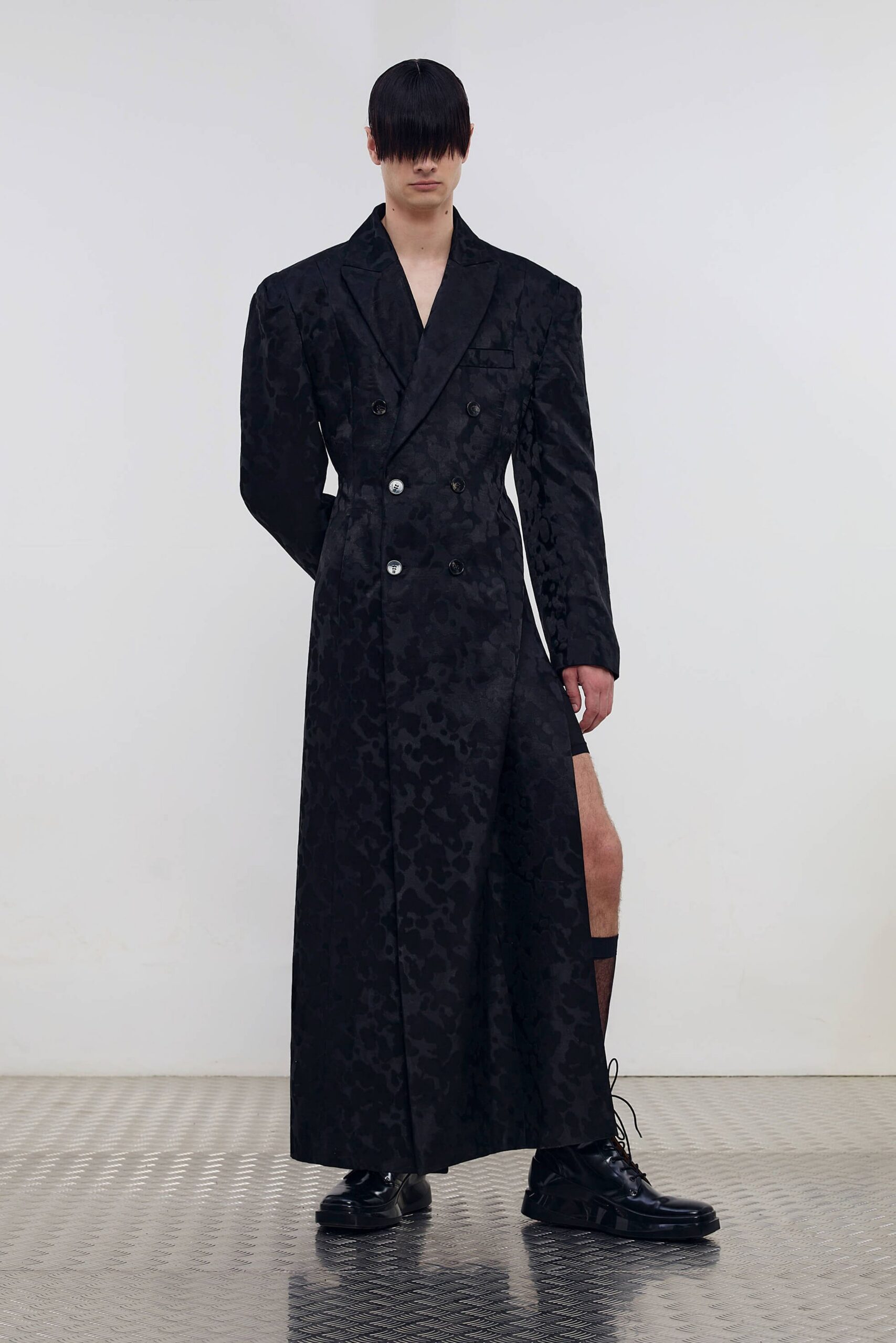 black silk long-sleeve collared fitted buttoned textured coat