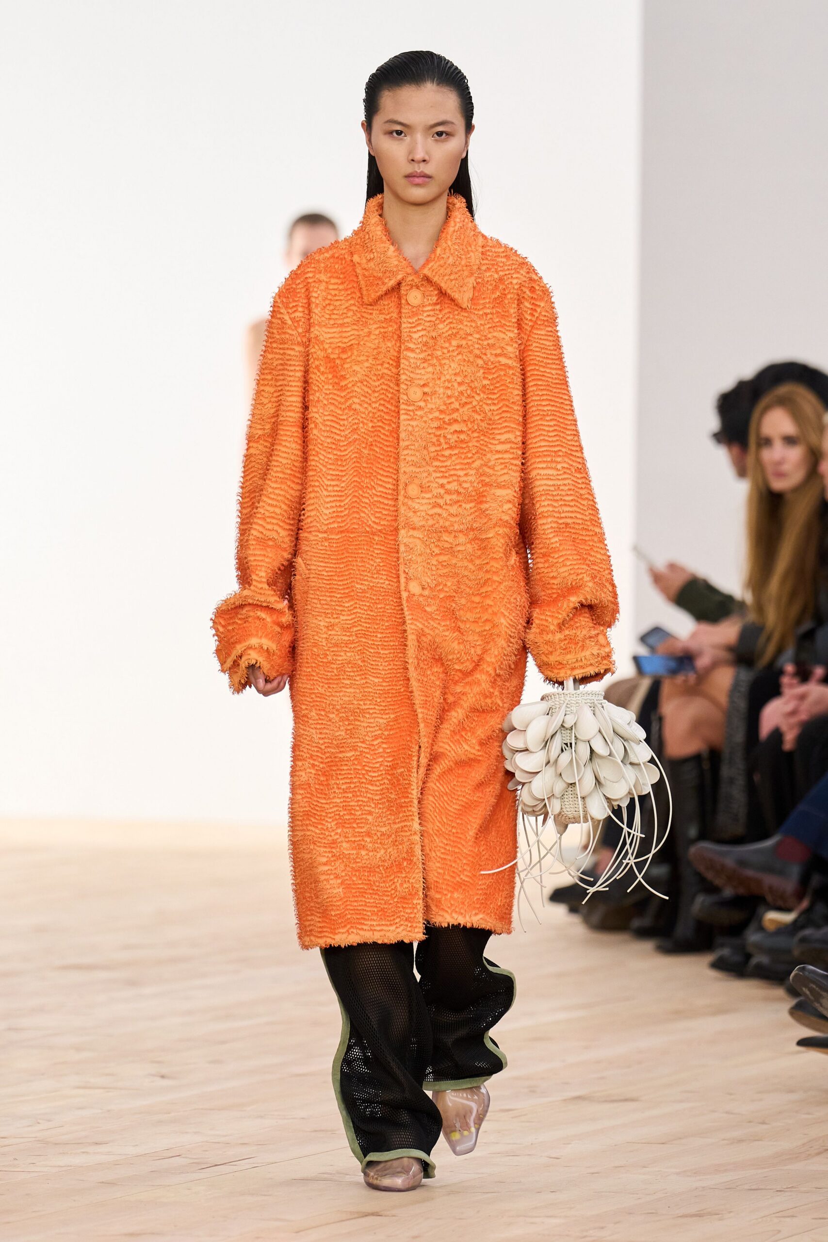 orange faux-fur long-sleeve collared oversized textured coat