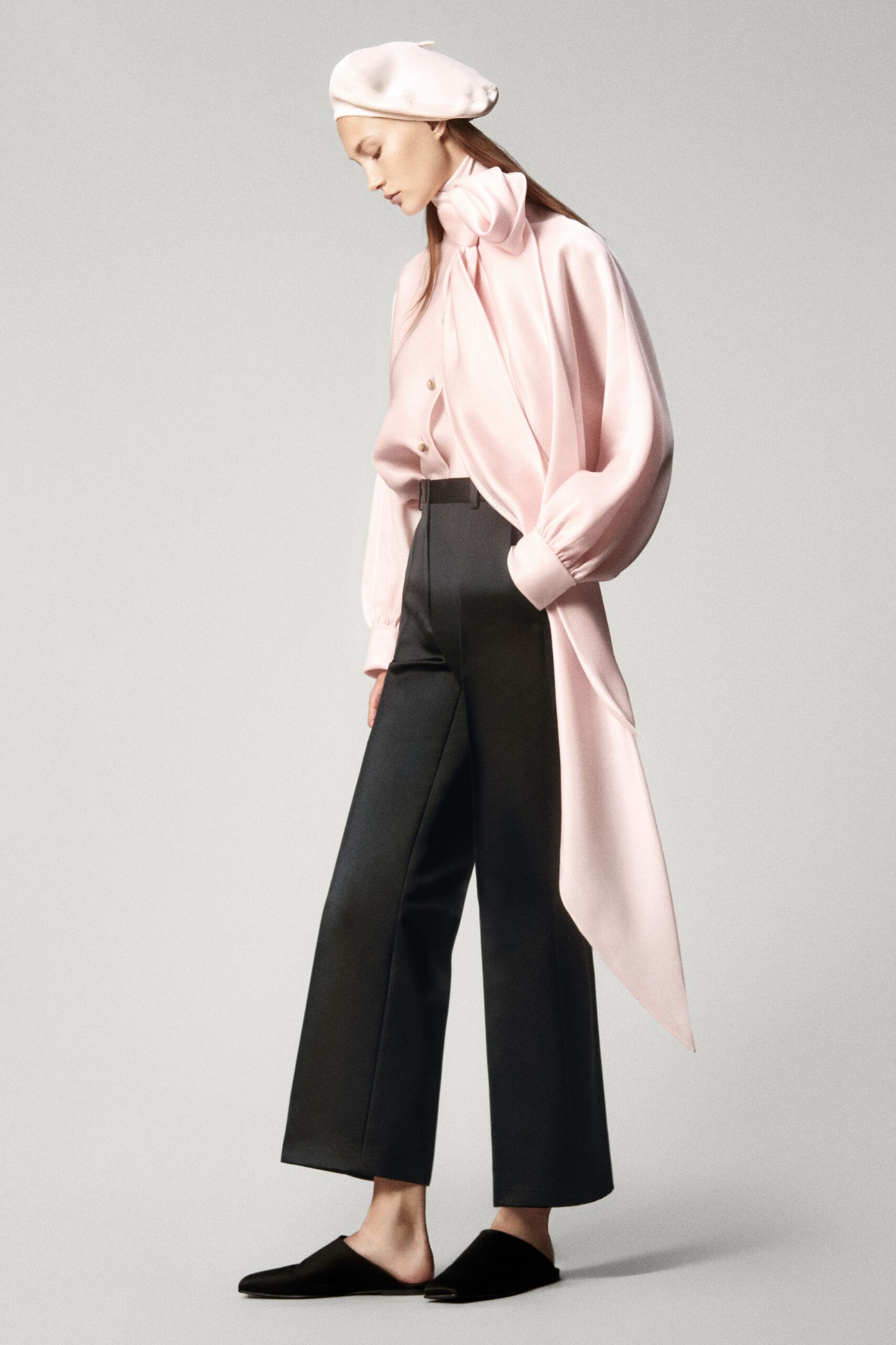 pink silk long-sleeve collared relaxed pleated shirt