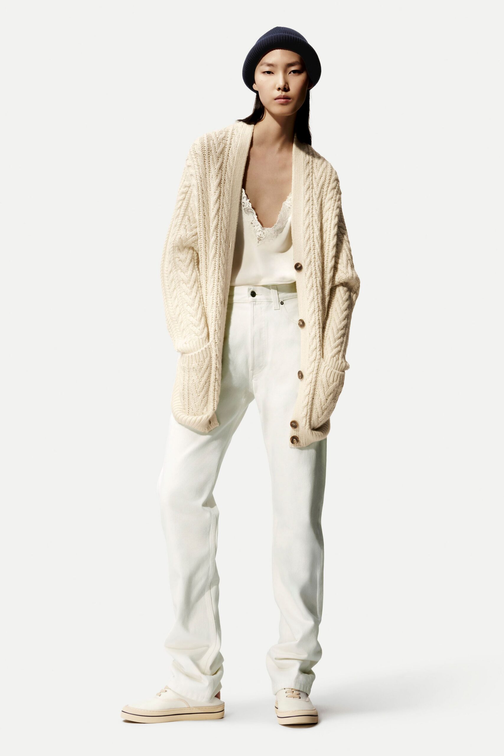 beige wool long-sleeve collared relaxed cardigan