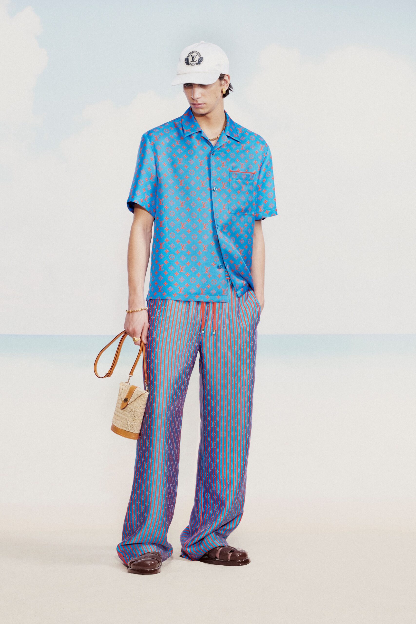 blue printed shirt with striped pants