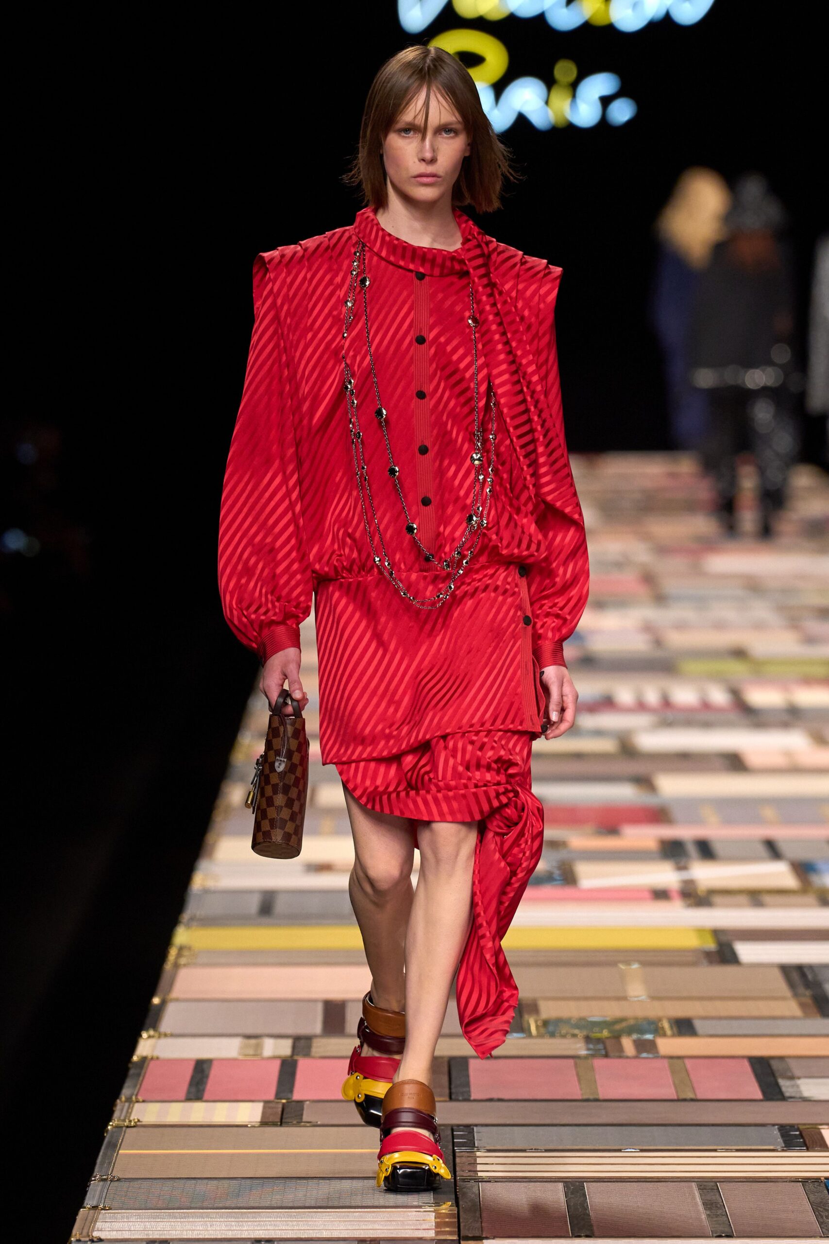 red silk long-sleeve collared fitted striped pleated dress