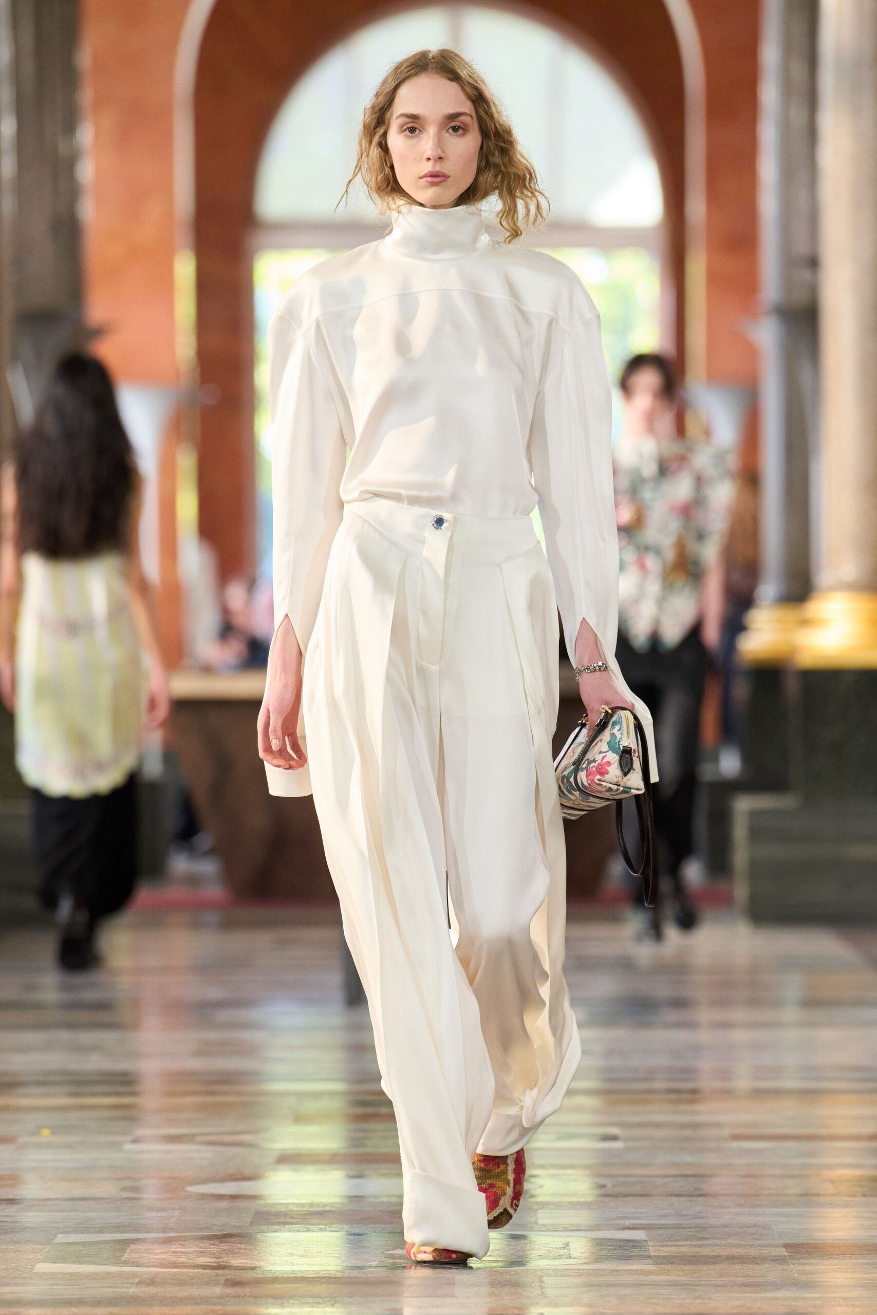 white silk top and pants
